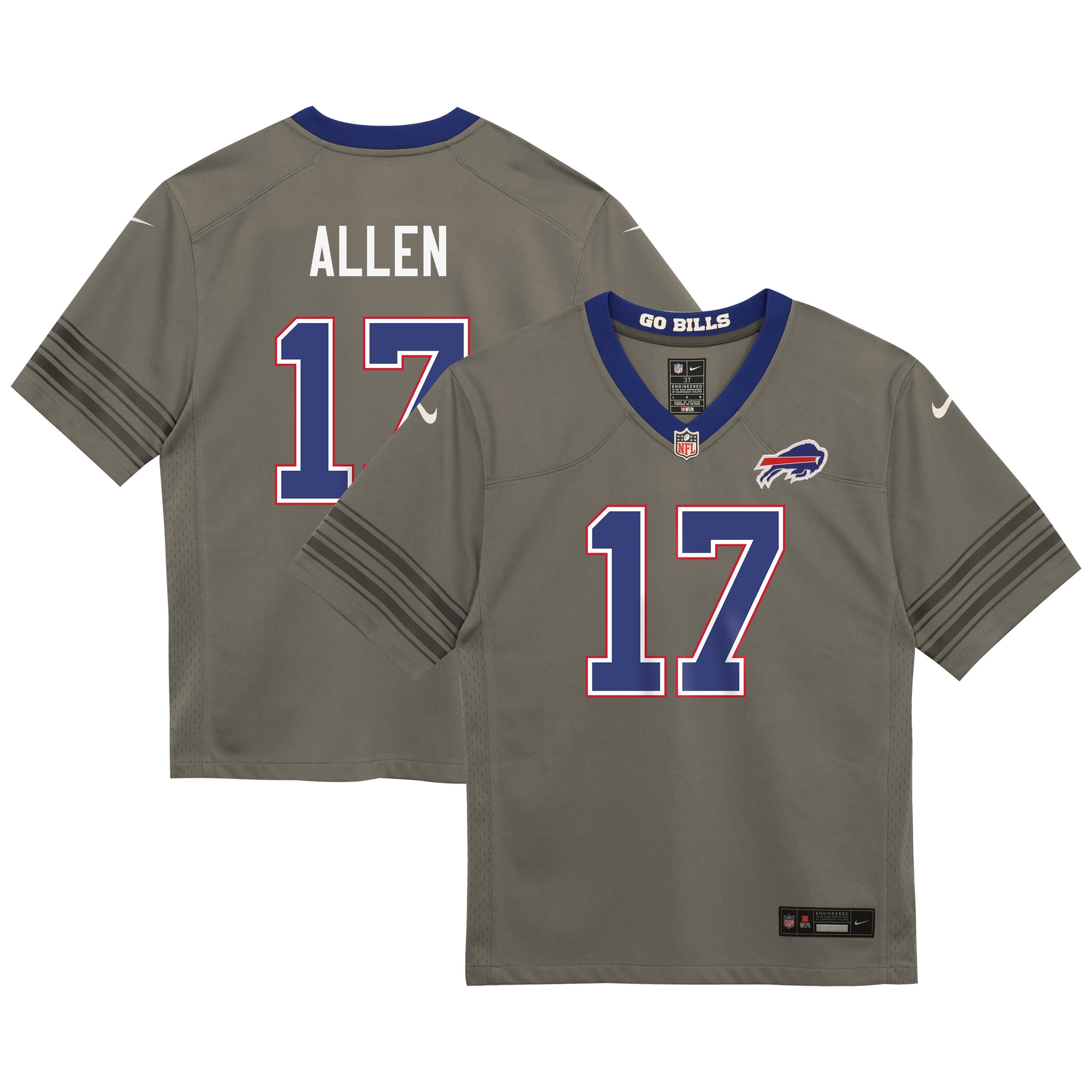Maglia da gioco Nike Josh Allen Gray Buffalo Bills Nickel City per bambini in età prescolare