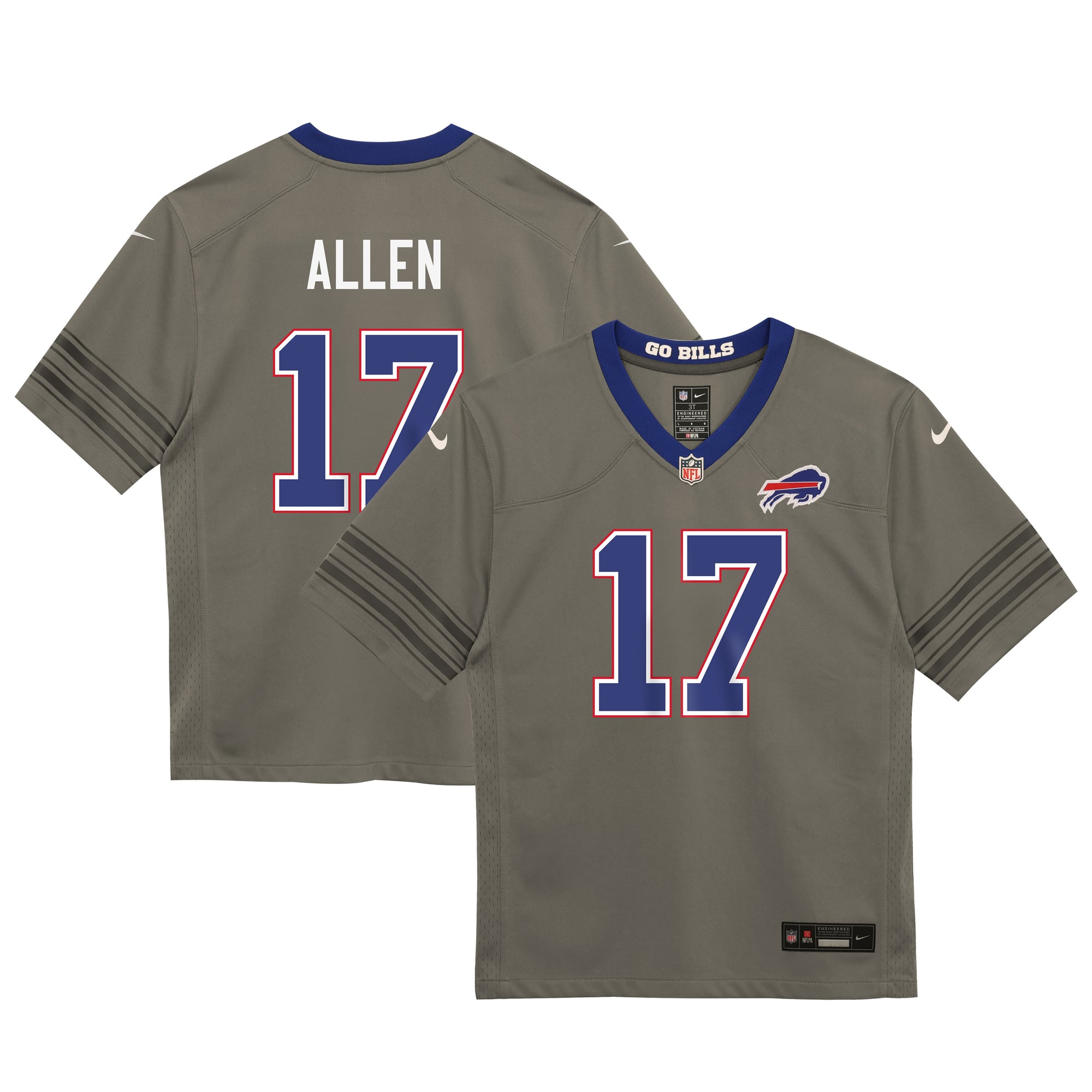 Maglia da gioco Nike per bambini piccoli di Josh Allen, colore grigio, dei Buffalo Bills, modello Nickel City.