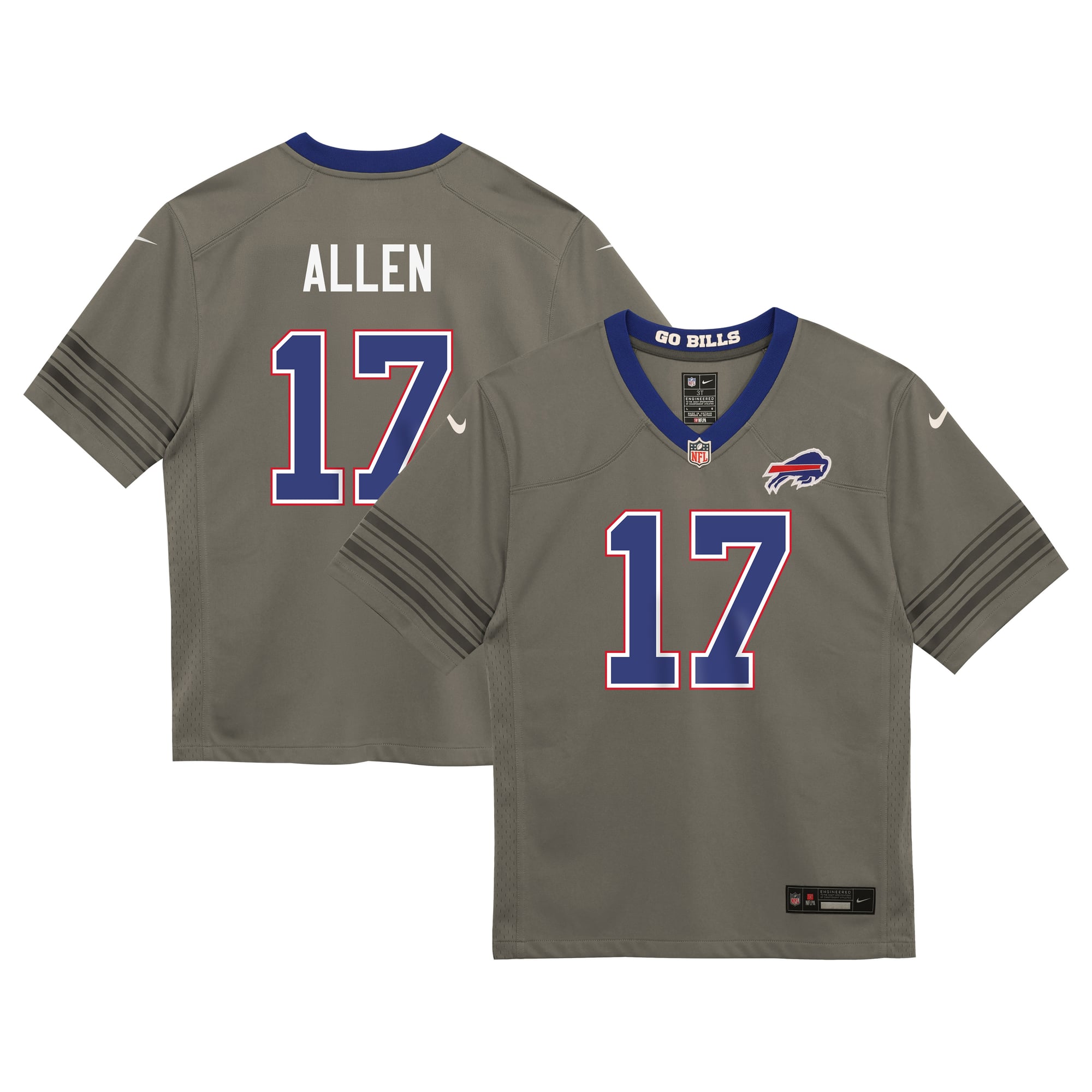 Maglia da gioco Nike per neonati di Josh Allen, colore grigio, dei Buffalo Bills, modello Nickel City.