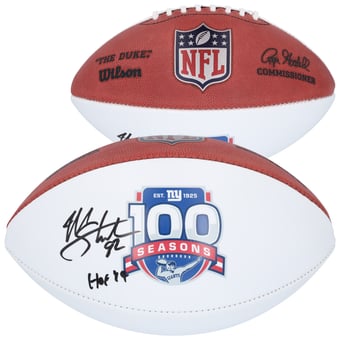 "Michael Strahan New York Giants Autographed Wilson 100th Season White Panel Football with ""HOF 14"" Inscription"