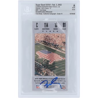 Tom Brady New England Patriots Autographed Super Bowl XXXVI Champs SB MVP Stub Beckett Fanatics Witnessed Authenticated Auto 10 Ticket from February 3, 2002