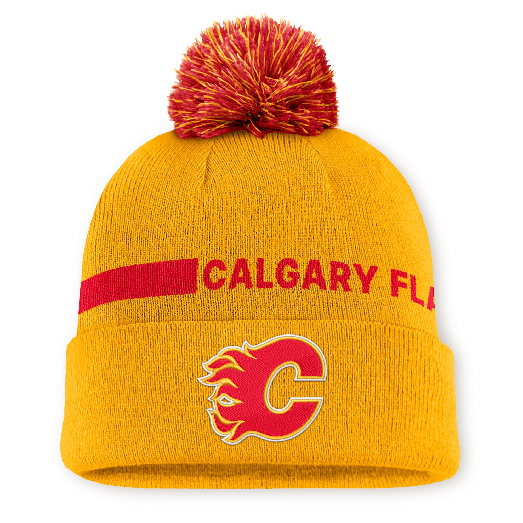 Men's Fanatics Yellow Calgary Flames Authentic Pro Rink Cuffed Knit Hat with Pom