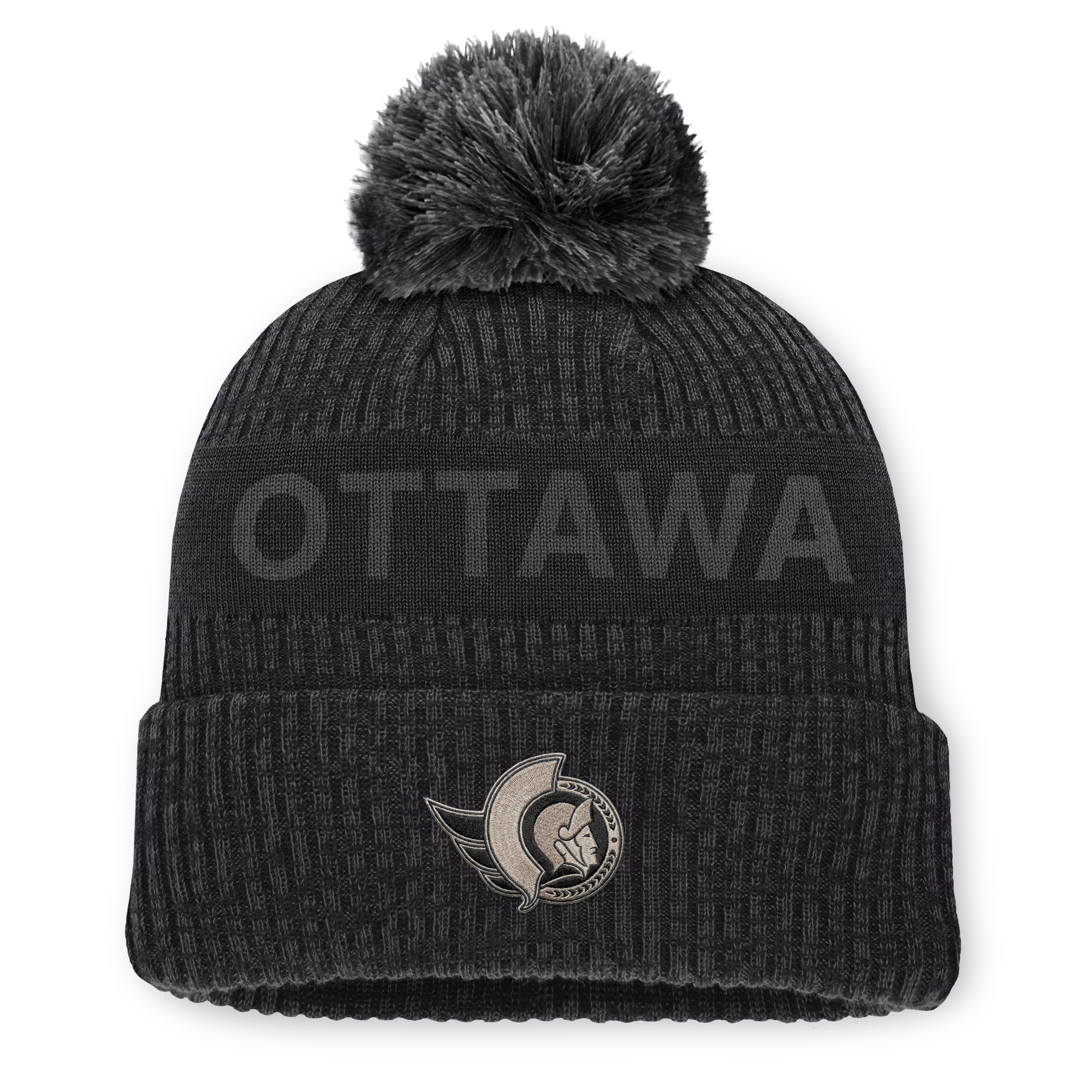 Men's Fanatics Charcoal/Black Ottawa Senators Authentic Pro Road Cuffed Knit Hat with Pom