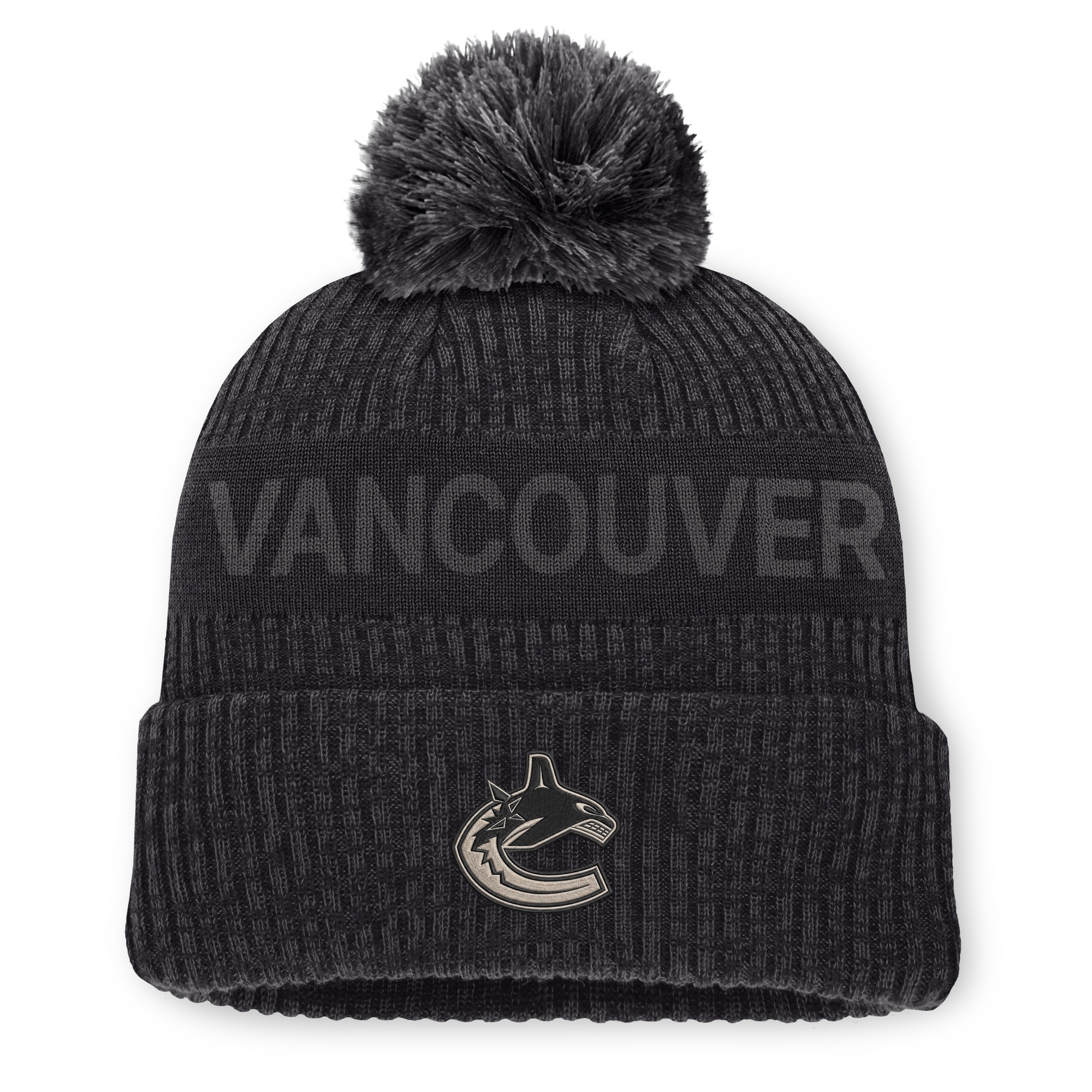 Men's Fanatics Charcoal/Black Vancouver Canucks Authentic Pro Road Cuffed Knit Hat with Pom