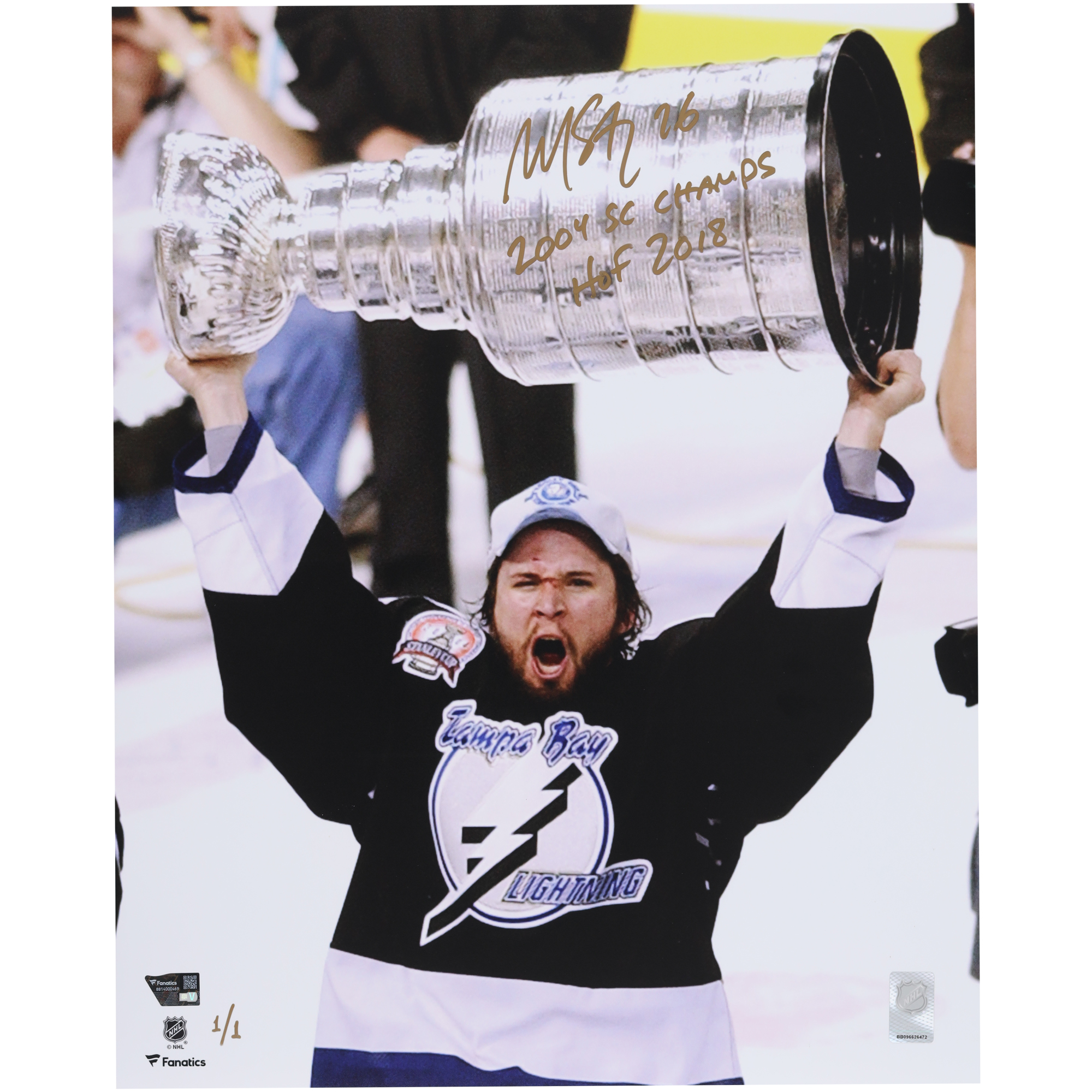 Martin St. Louis Tampa Bay Lightning Autographed 16" x 20" Raising Cup Photograph with Multiple Inscriptions - Limited Edition #1/1 - Signed in Gold