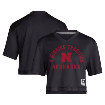 Women's adidas Black Nebraska Huskers Strategy Cropped Football Jersey