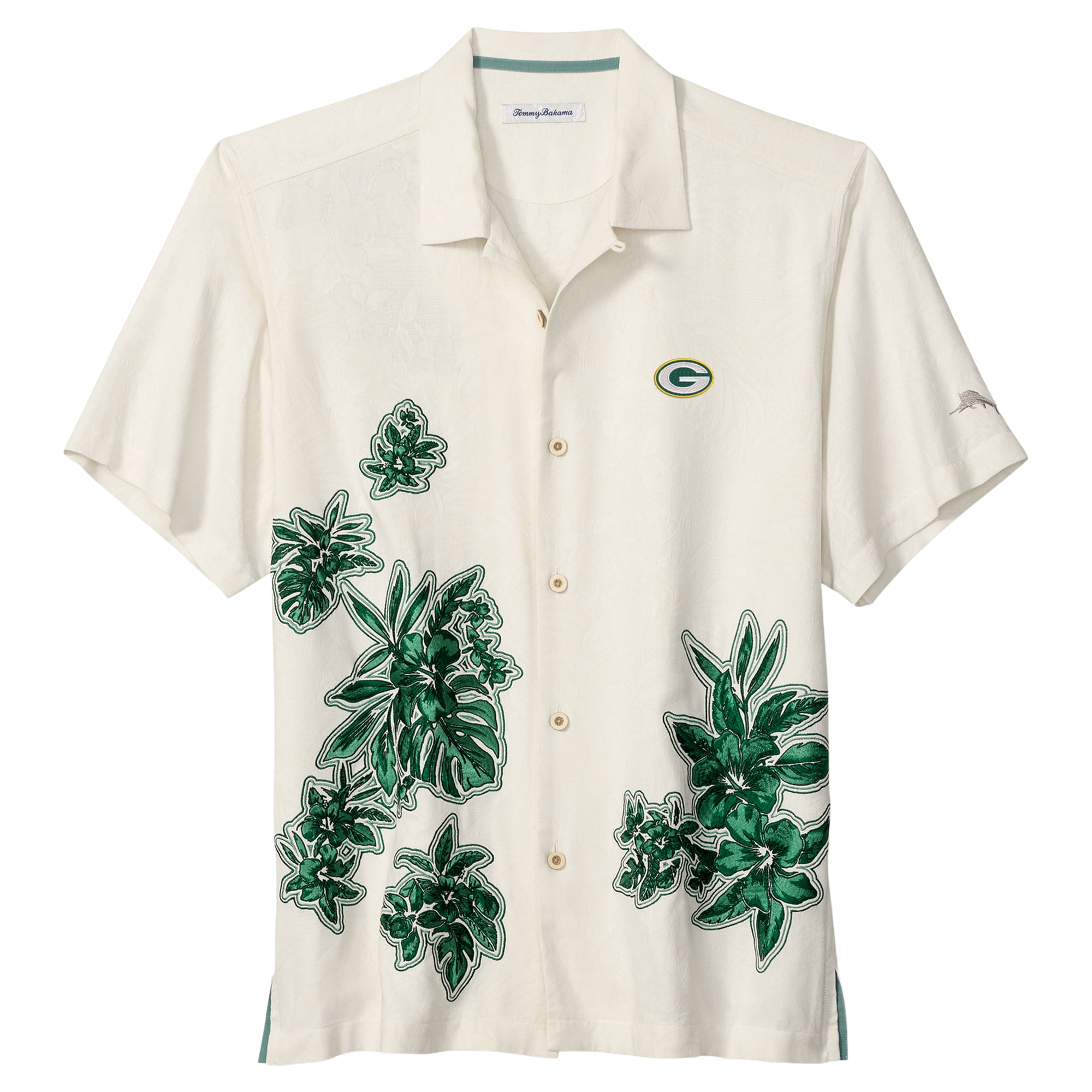 Men's Tommy Bahama  Cream Green Bay Packers Hibiscus Camp Button-Up Shirt