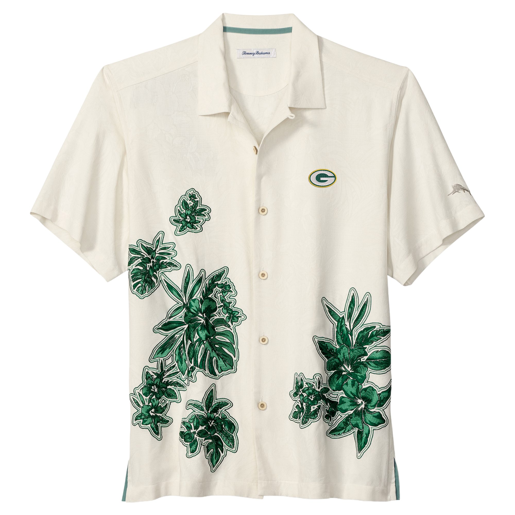 Men's Tommy Bahama Cream Green Bay Packers Hibiscus Camp Button-Up Shirt