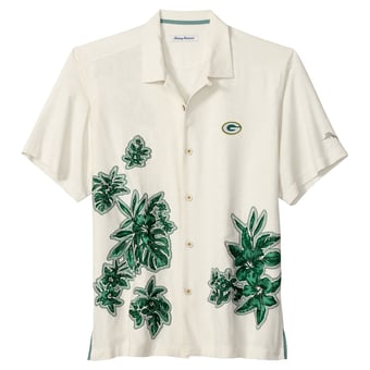 Men's Tommy Bahama  Cream Green Bay Packers Hibiscus Camp Button-Up Shirt