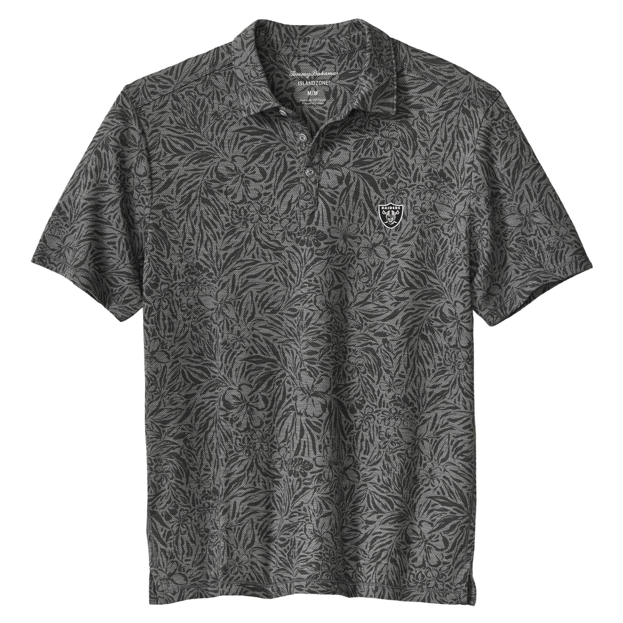 Men's Tommy Bahama Black Las Vegas Raiders IslandZone Wild Hibiscus Tri-Blend Polo