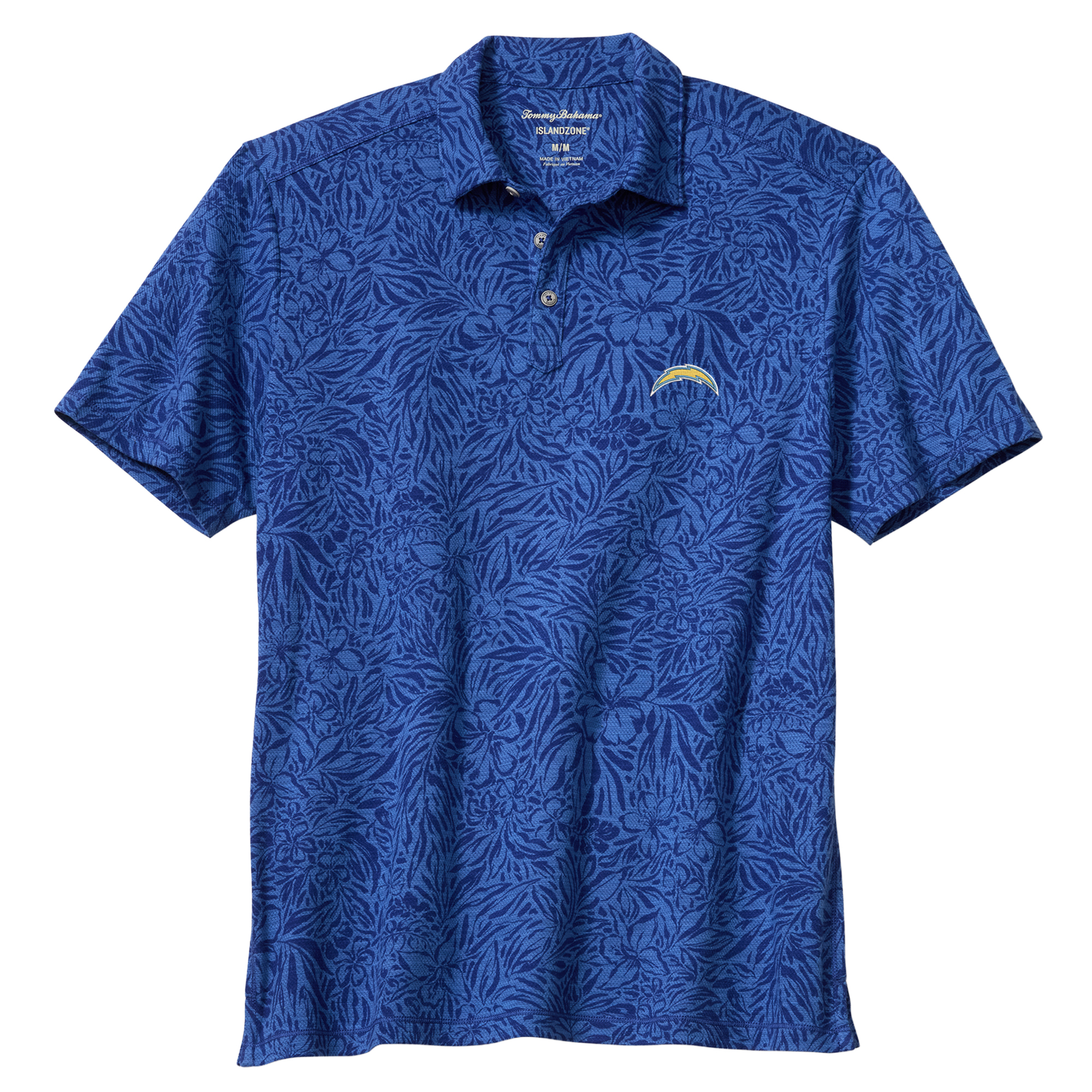 Men's Tommy Bahama Royal Los Angeles Chargers IslandZone Wild Hibiscus Tri-Blend Polo