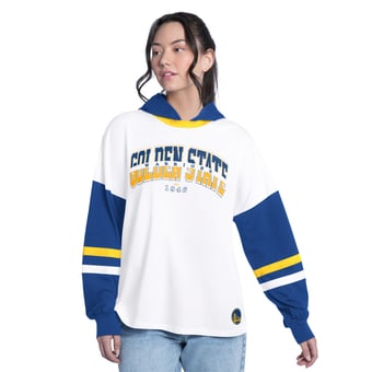 Women's G-III 4Her by Carl Banks  White/Royal Golden State Warriors Key Player Oversized Hooded Long Sleeve T-Shirt