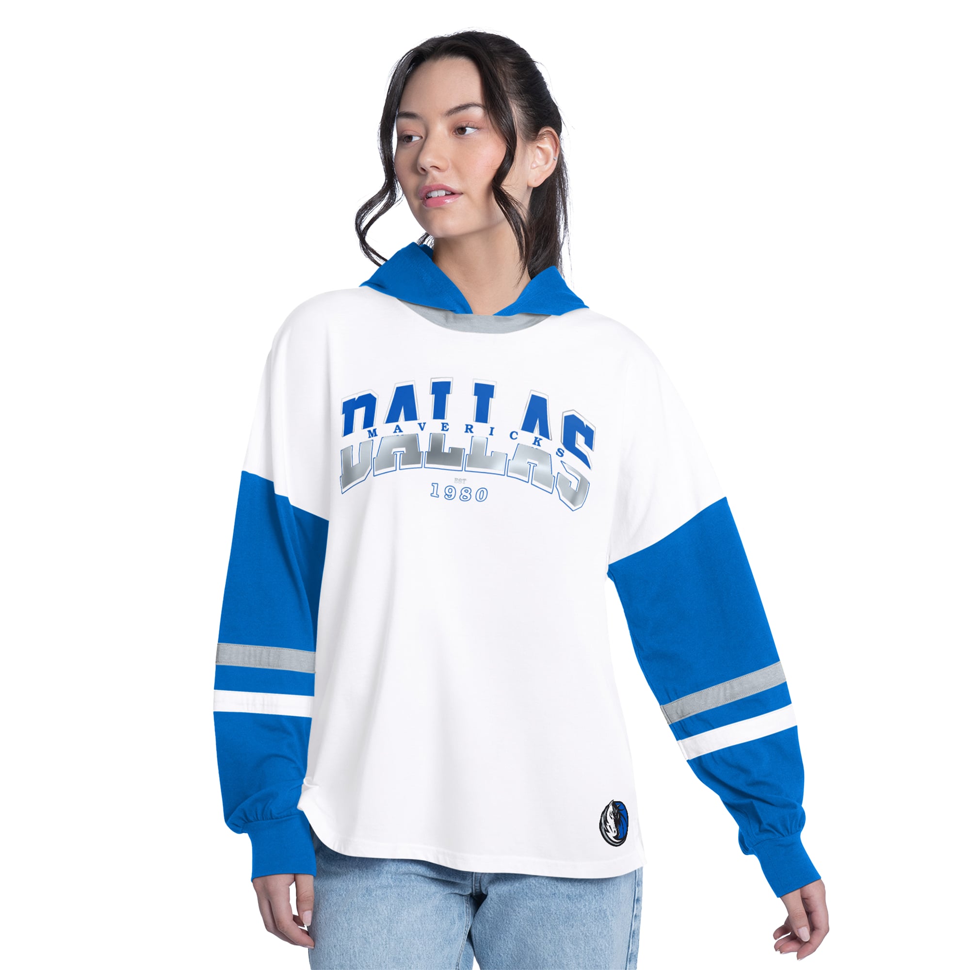 G-iii 4Her by Carl Banks Women's White/Royal Dallas Mavericks Key Player Oversized Hooded Long-Sleeve T-Shirt - White, Royal