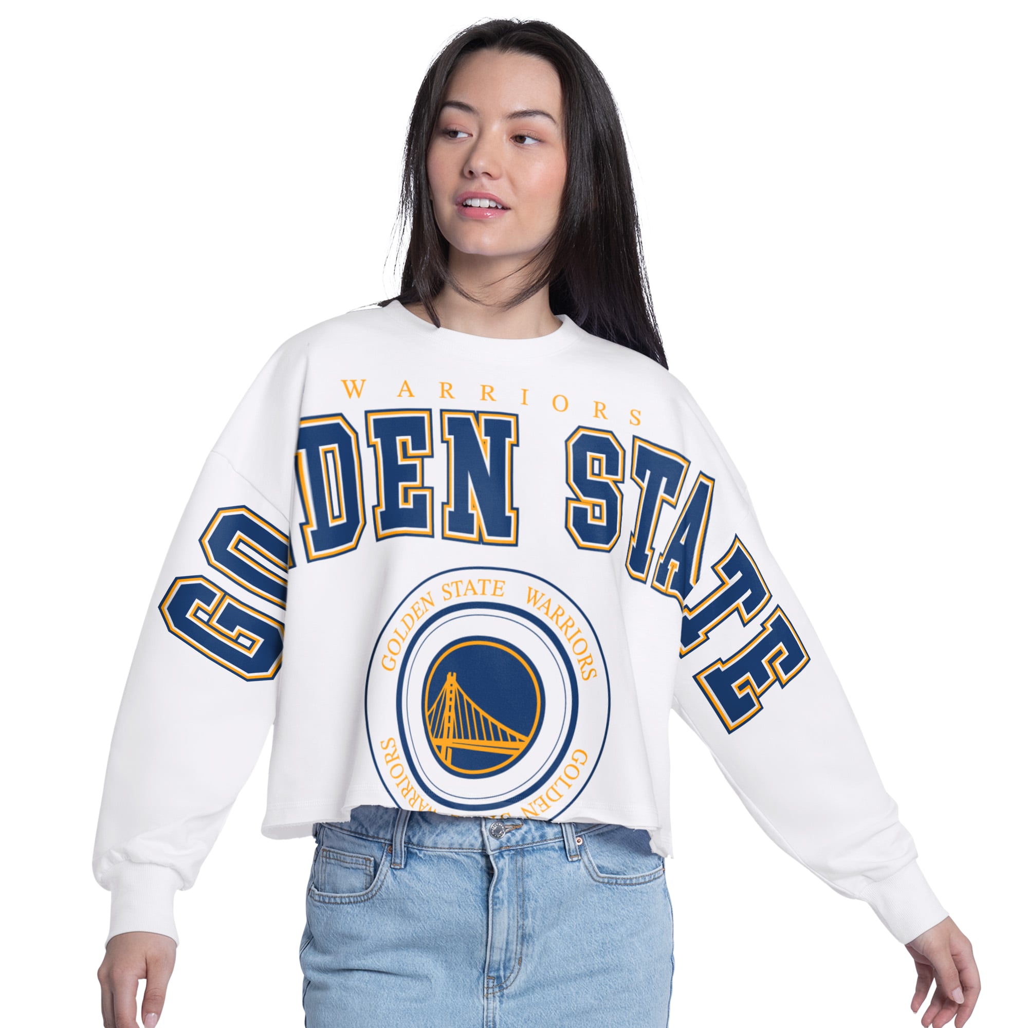 Women's G-III 4Her by Carl Banks  White Golden State Warriors Bleachers Cropped French Terry Sweatshirt