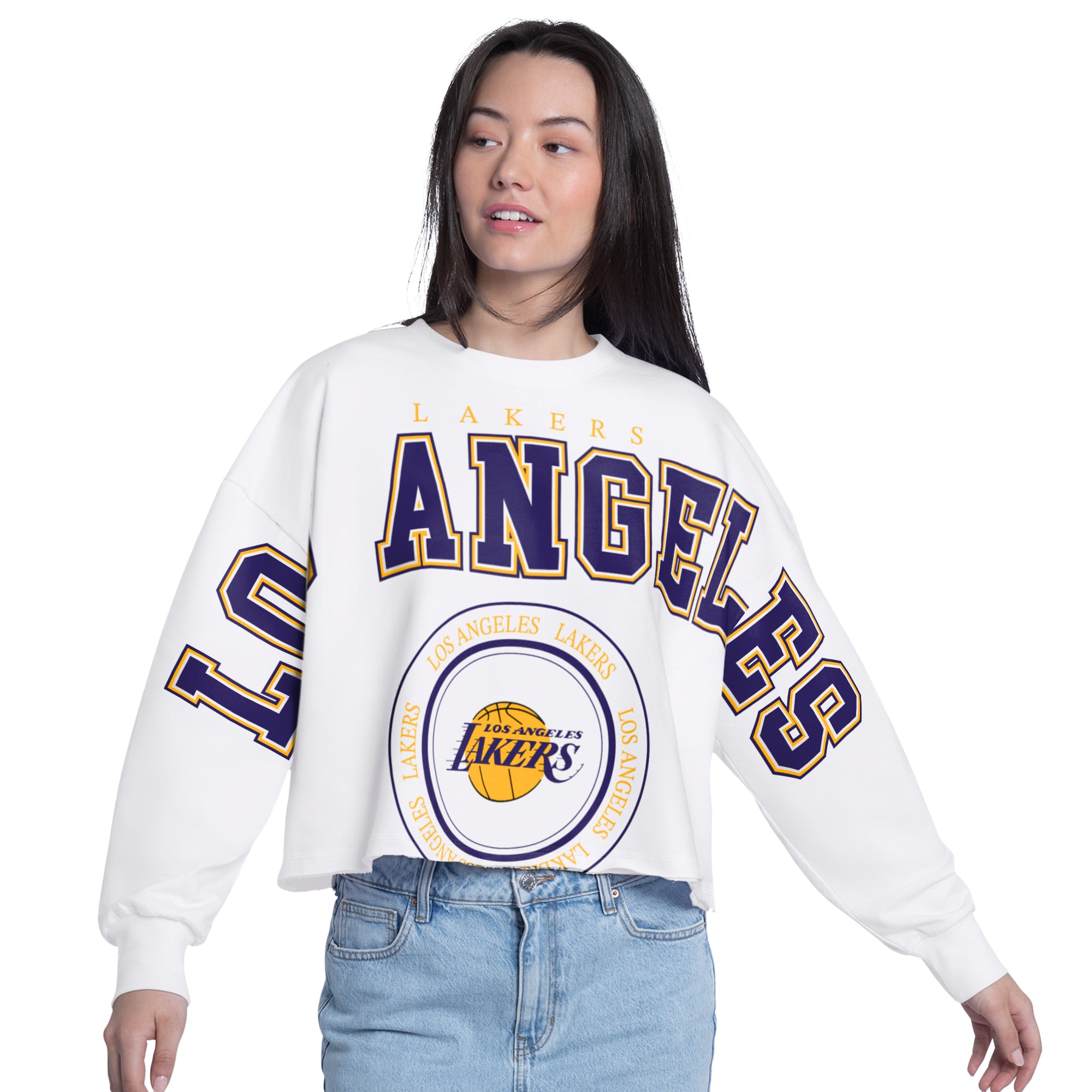 Women's G-III 4Her by Carl Banks White Los Angeles Lakers Bleachers Cropped French Terry Sweatshirt