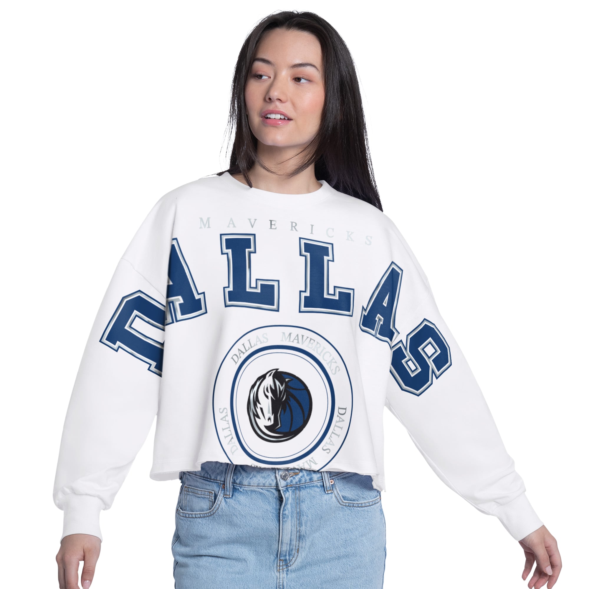 Women's G-III 4Her by Carl Banks  White Dallas Mavericks Bleachers Cropped French Terry Sweatshirt