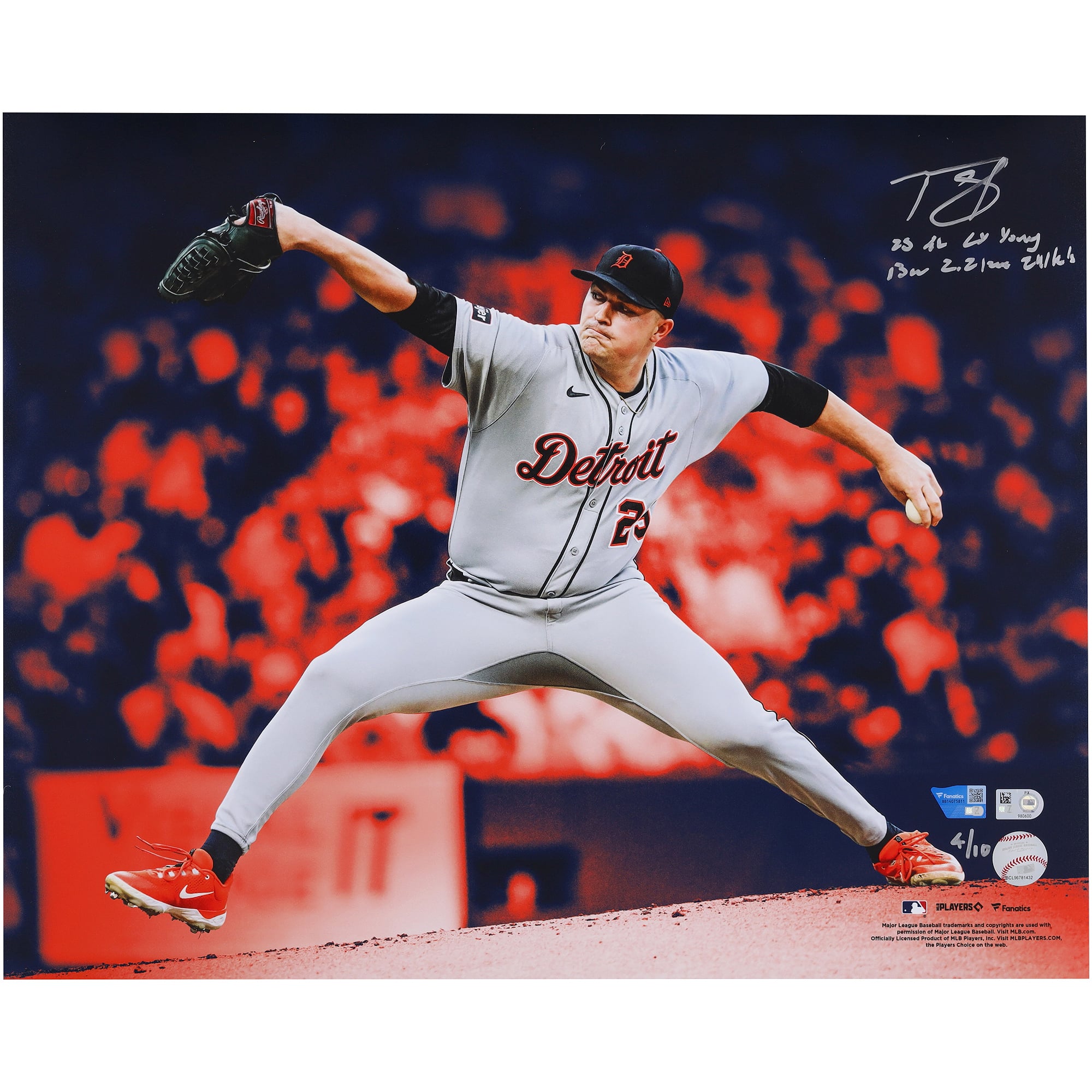 Tarik Skubal Detroit Tigers Autographed 16" x 20" 2025 American League Cy Young Spotlight Pitching Photograph with Multiple Inscriptions - Tigers Colorway