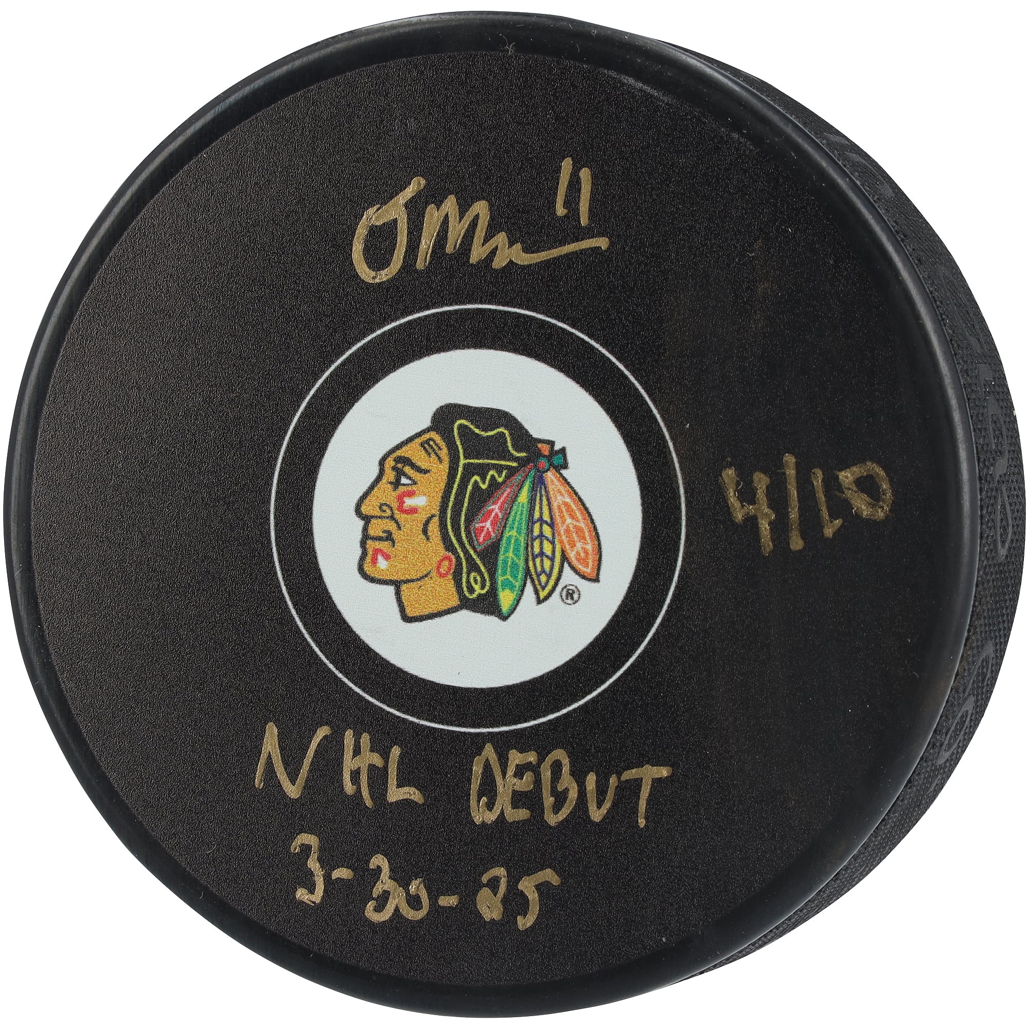 Oliver Moore Chicago Blackhawks Autographed Hockey Puck with "NHL Debut 3-30-25" Inscription - Limited Edition of 10