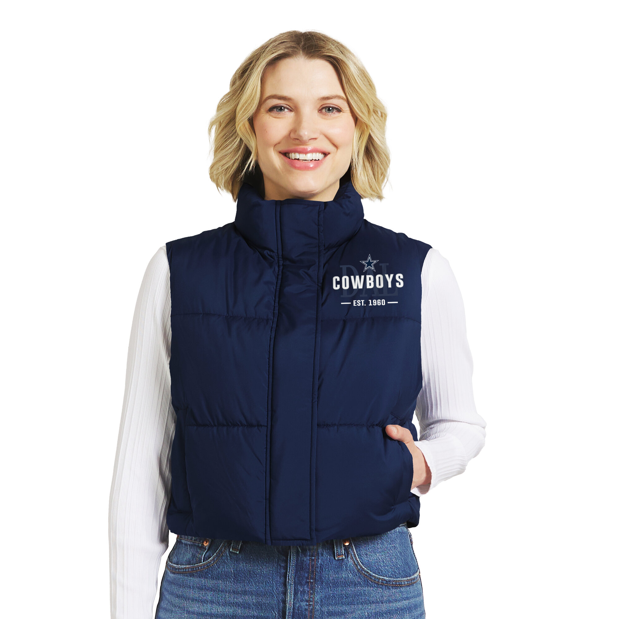 Women's WEAR by Erin Andrews Navy Dallas Cowboys Cropped Puffer Full-Zip Vest