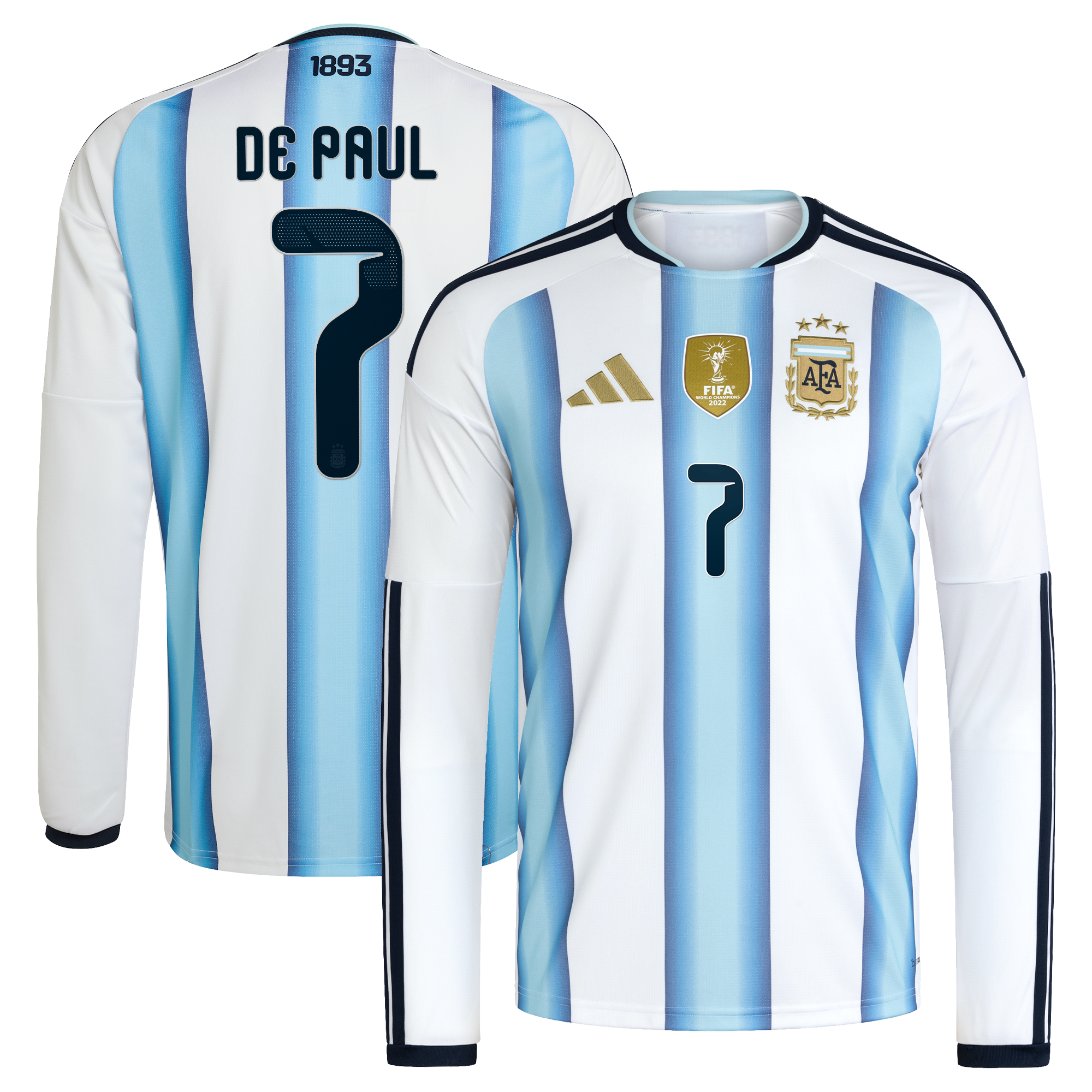 Men's adidas Rodrigo De Paul White Argentina National Team 2026 Home Replica Long Sleeve Jersey