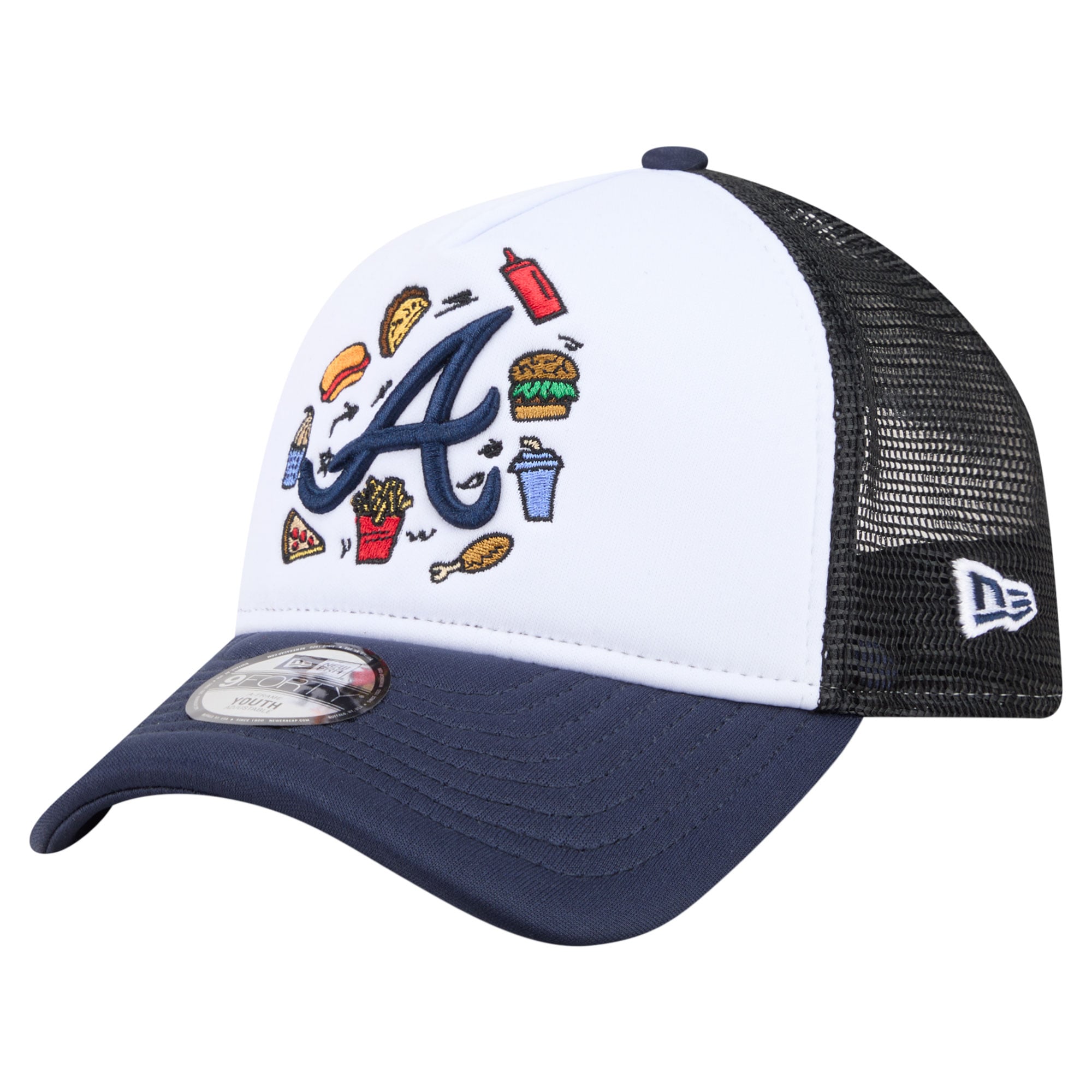 Youth New Era White/Navy Atlanta Braves Food A-Frame 9FORTY Trucker Adjustable Hat