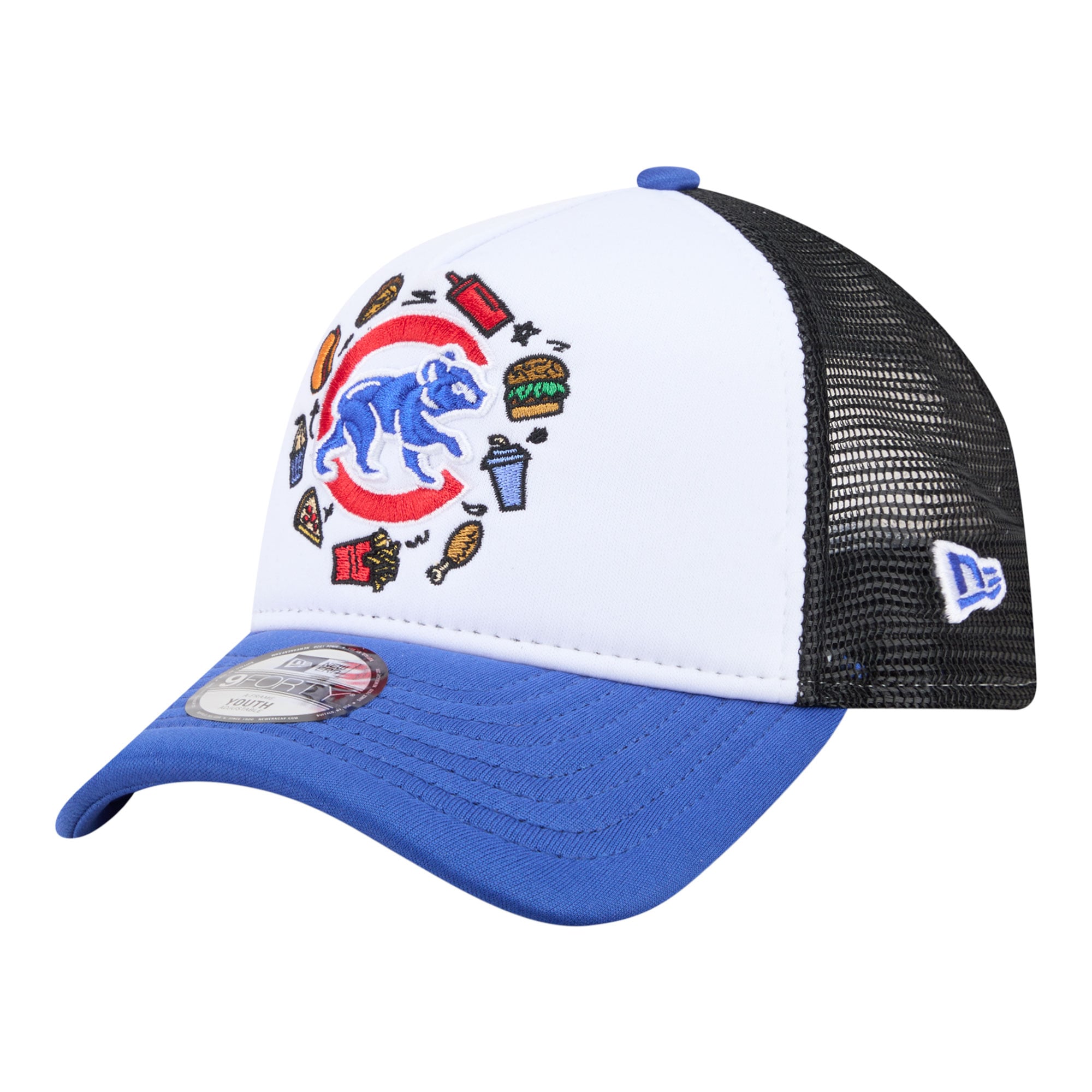 Youth New Era White/Royal Chicago Cubs Food A-Frame 9FORTY Trucker Adjustable Hat