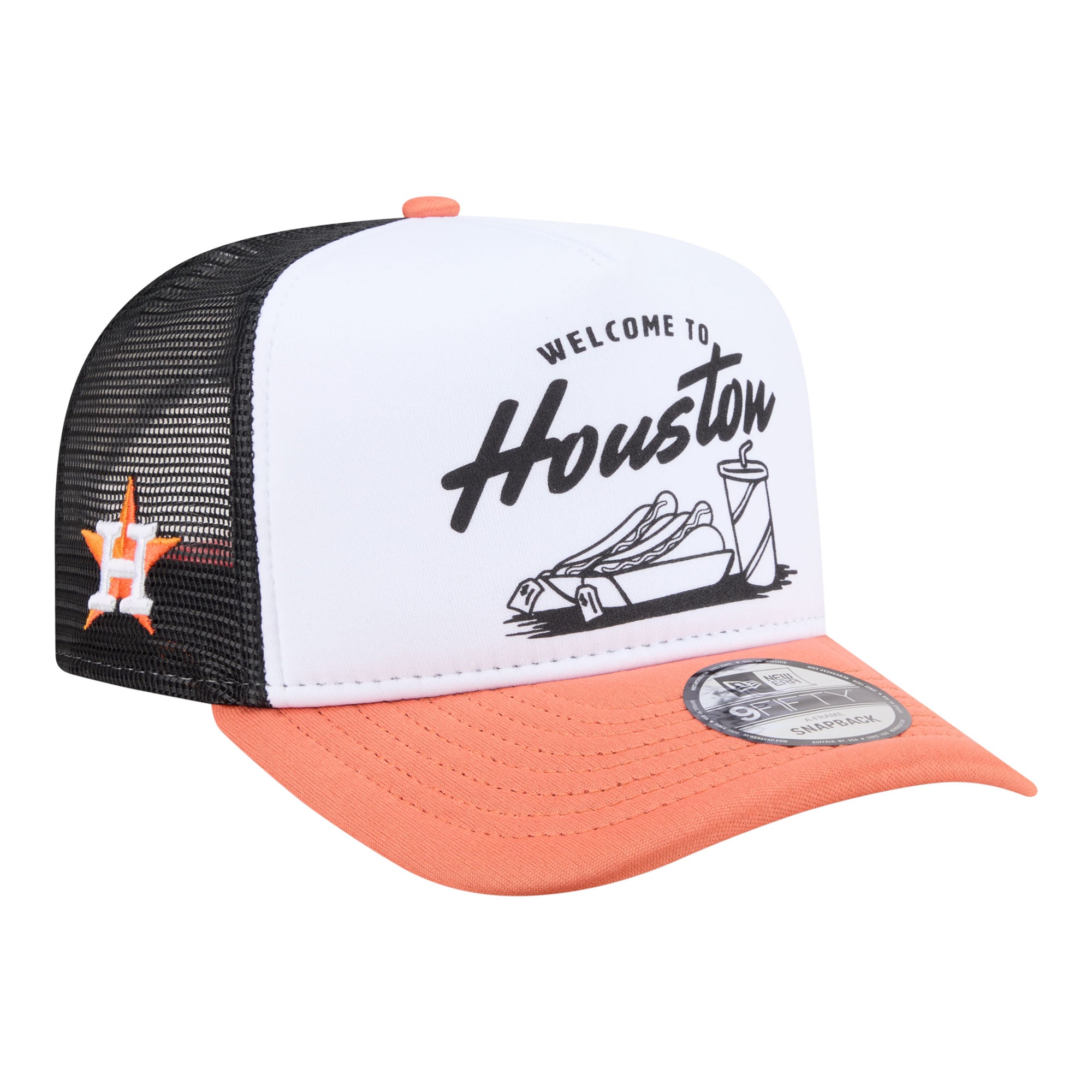 Men's New Era  White/Orange Houston Astros Foodie A-Frame 9FIFTY Trucker Snapback Hat