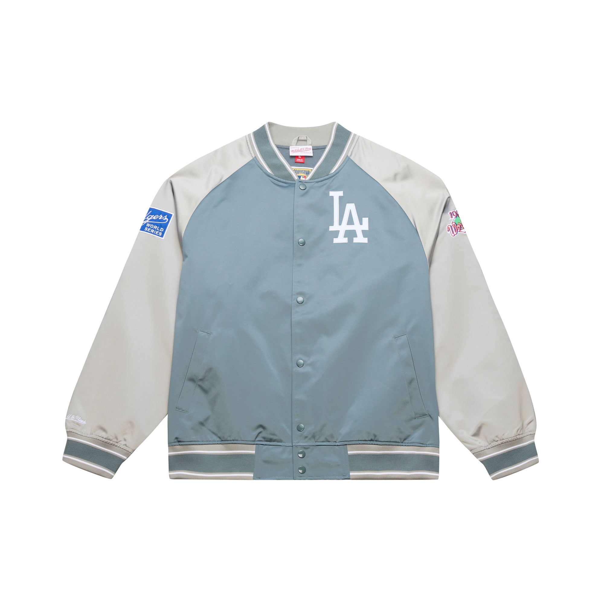 Giacca da uomo Mitchell & Ness grigia con stampa "Los Angeles Dodgers Thunderstorm Head Coach", leggera, in raso e chiusura a bottoni automatici.