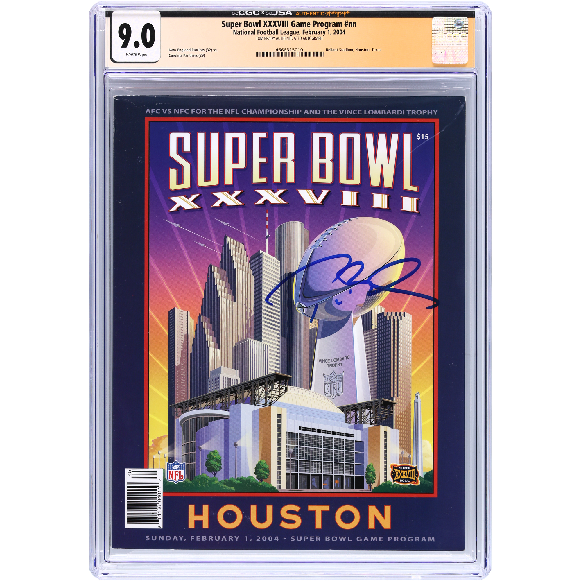 Tom Brady New England Patriots Autographed Super Bowl XXXVIII CGC Authenticated 9.0 Program from February 1, 2004