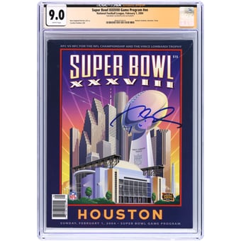 Tom Brady New England Patriots Autographed Super Bowl XXXVIII CGC Authenticated 9.0 Program from February 1, 2004