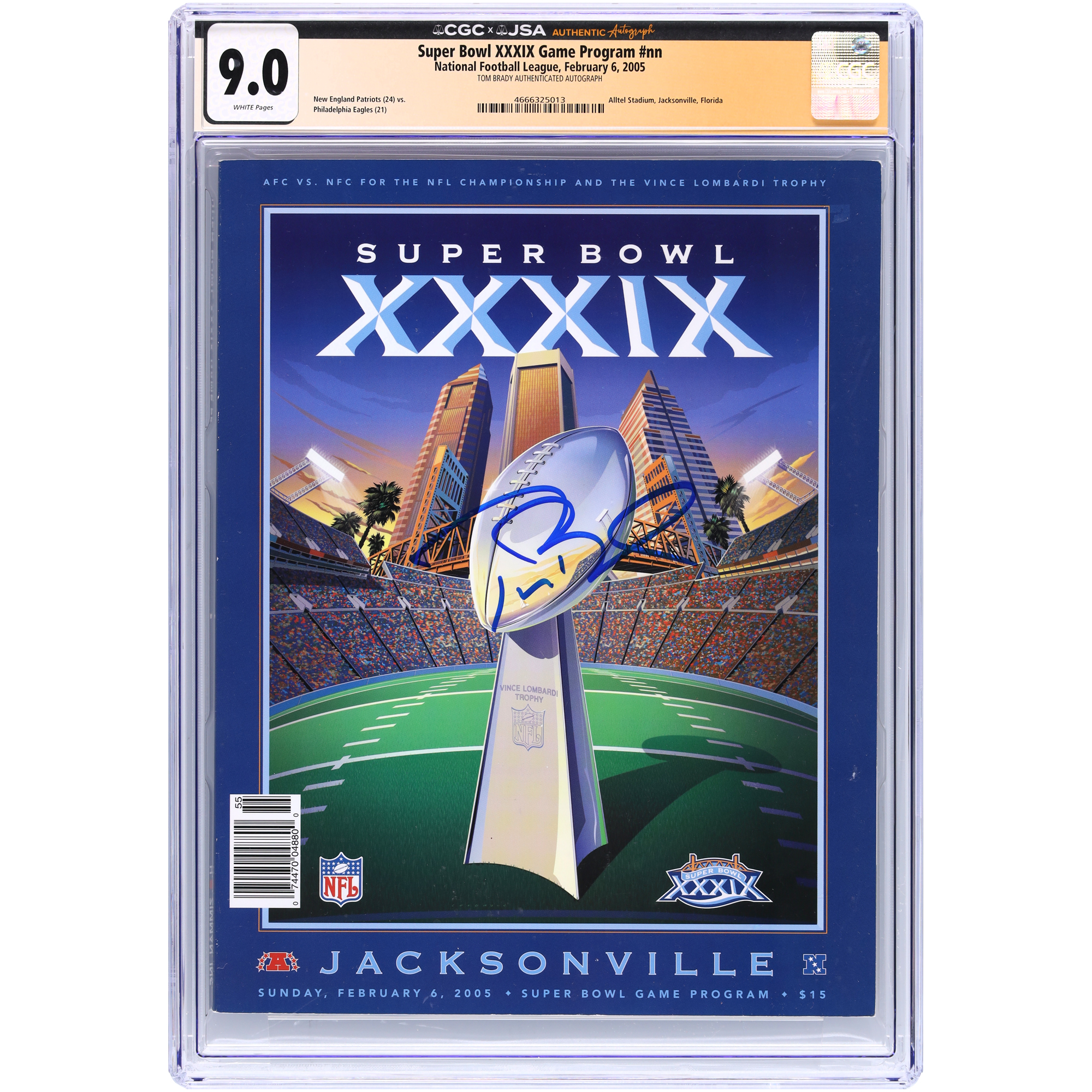 Tom Brady New England Patriots Autographed Super Bowl XXXIX CGC Authenticated 9.0 Program from February 6, 2005