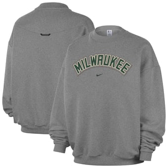 Men's Nike  Dark Heather Gray Milwaukee Bucks Standard Issue Wordmark Fleece Therma-Fit Sweatshirt