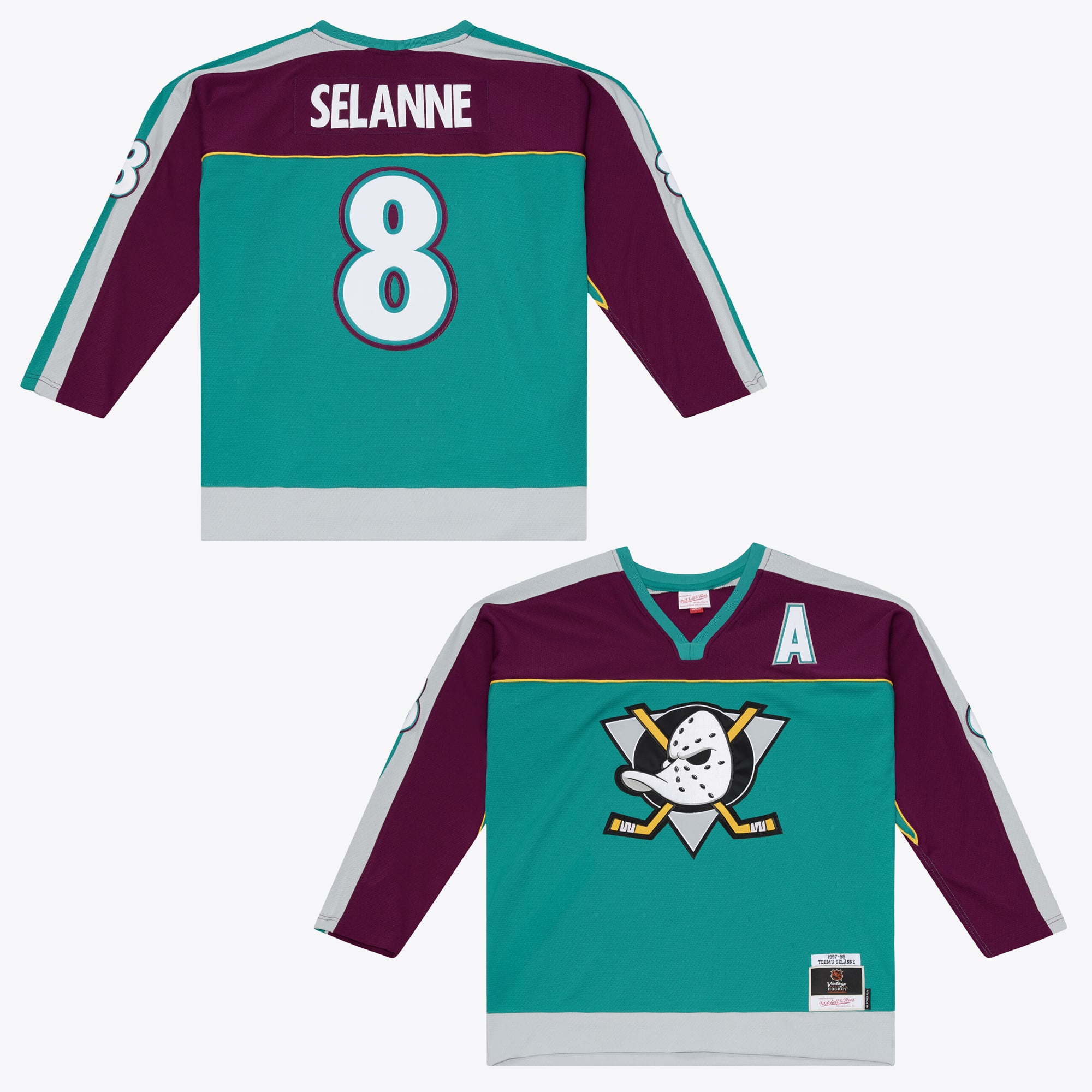 Men's Mitchell & Ness Teemu Selanne Teal Anaheim Ducks 1997/98 Alternate Captain Patch Power Play Jersey
