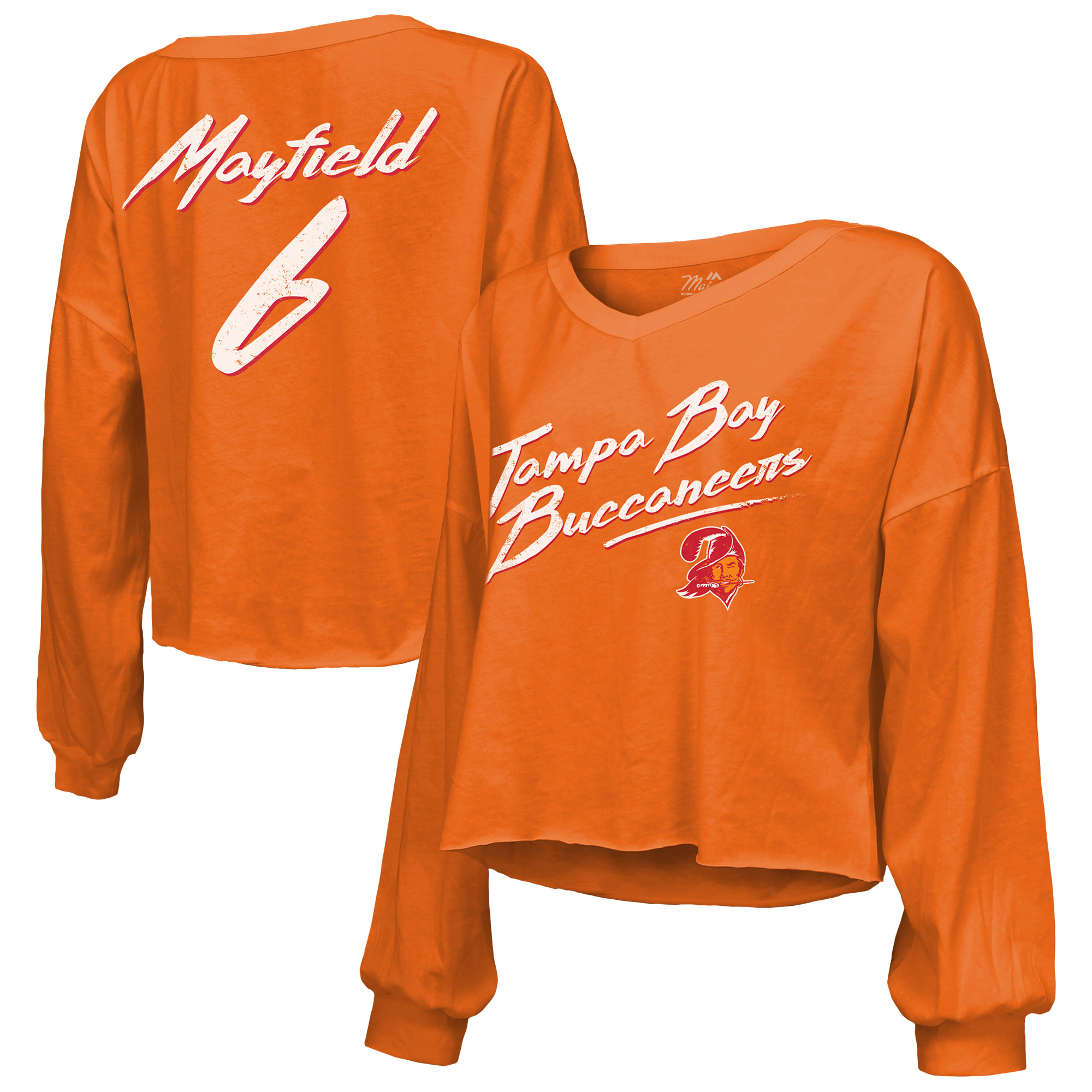 Women's Majestic Threads Baker Mayfield Orange Tampa Bay Buccaneers Off-Shoulder Script Name & Number V-Neck T-Shirt