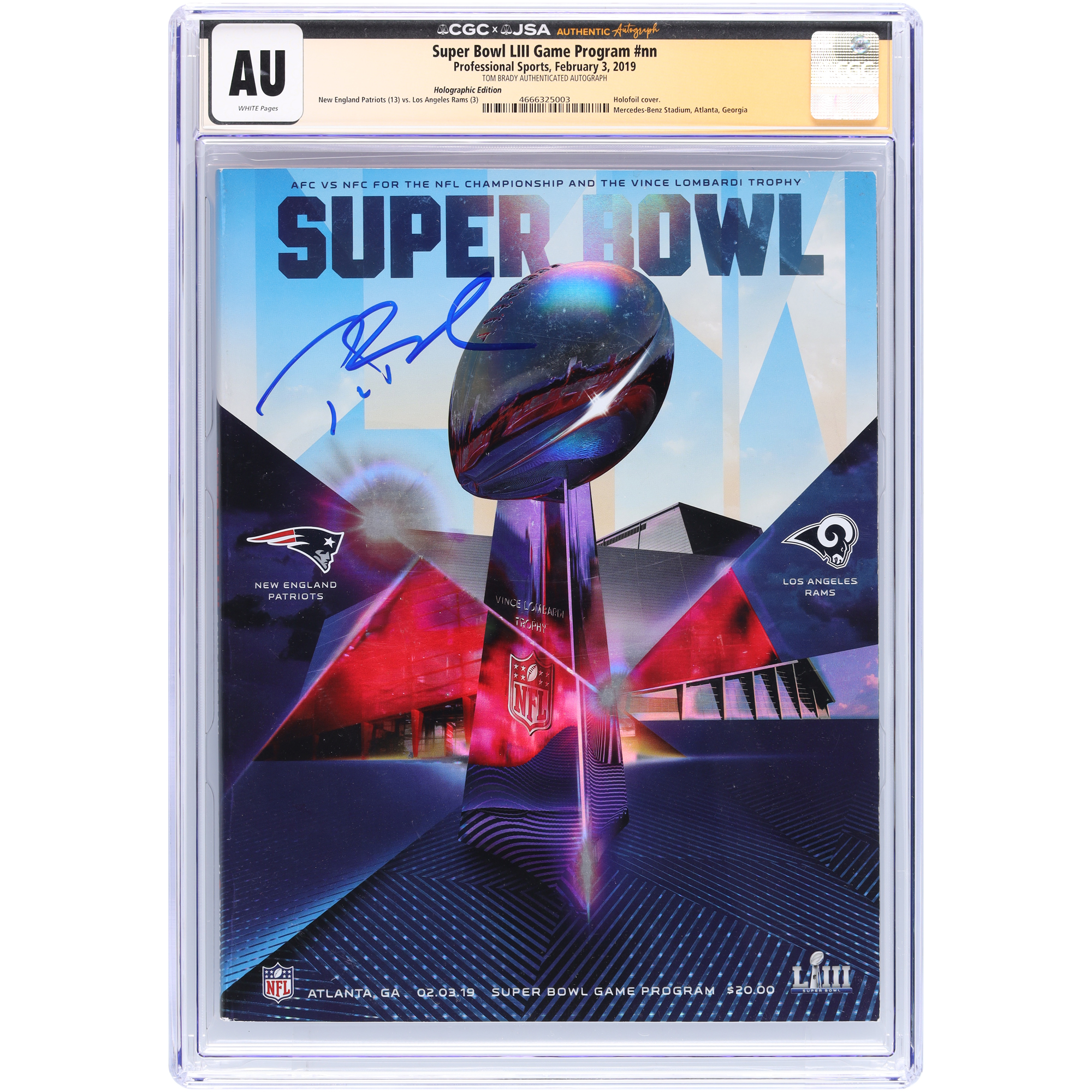 Tom Brady New England Patriots Autographed Super Bowl LIII CGC Authenticated Program from February 3, 2019