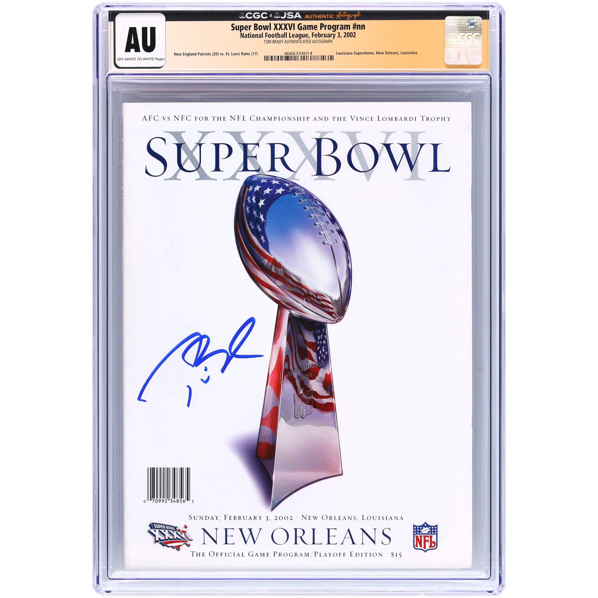 Tom Brady New England Patriots Autographed Super Bowl XXXVI CGC Authenticated Program from February 3, 2002