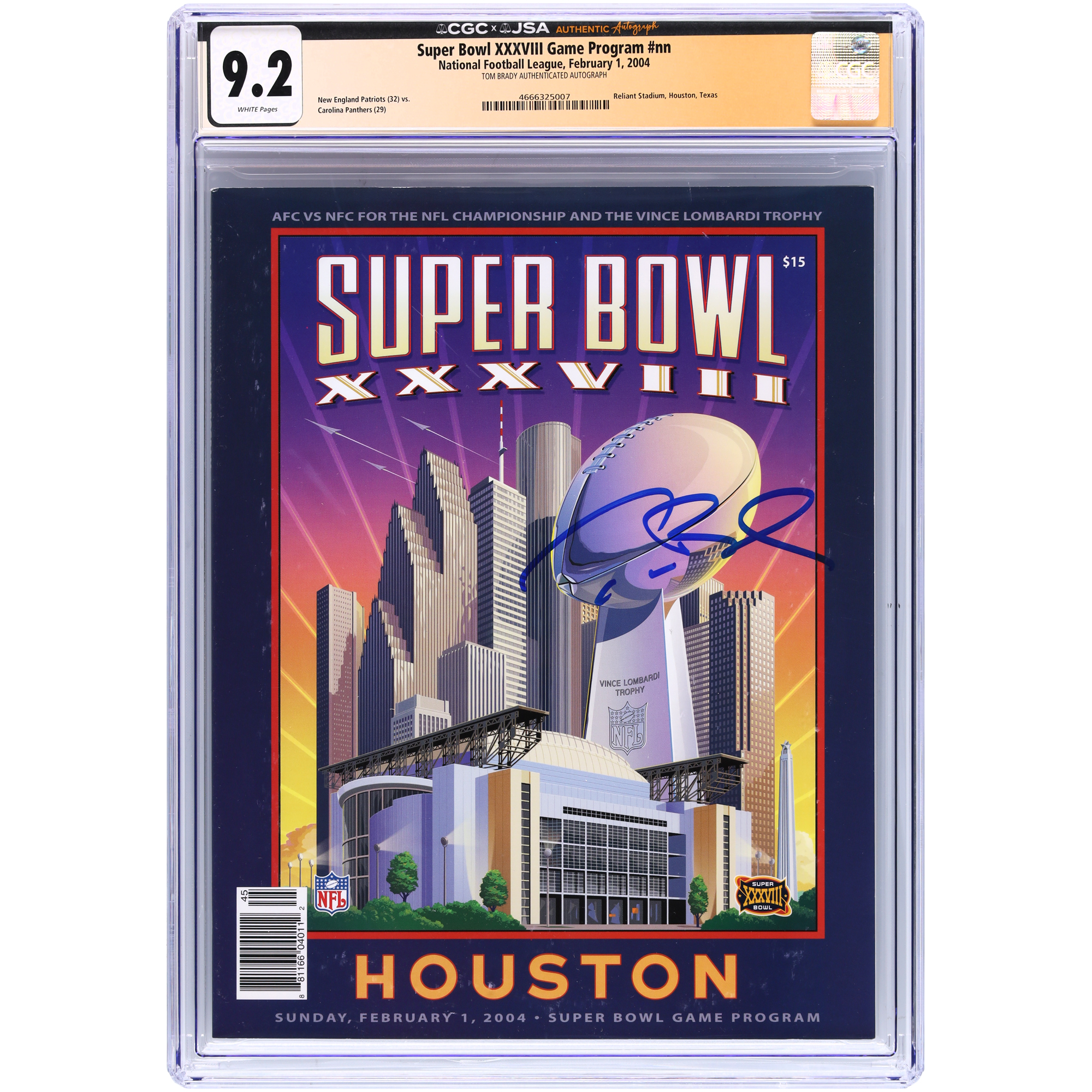Tom Brady New England Patriots Autographed Super Bowl XXXVIII CGC Authenticated 9.2 Program from February 1, 2004