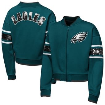 Girls Youth Outerstuff  Midnight Green Philadelphia Eagles MVP Full-Zip Sequin Bomber Jacket