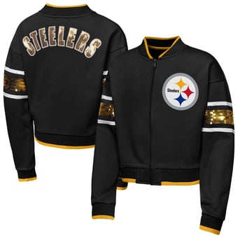 Girls Youth Outerstuff  Black Pittsburgh Steelers MVP Full-Zip Sequin Bomber Jacket