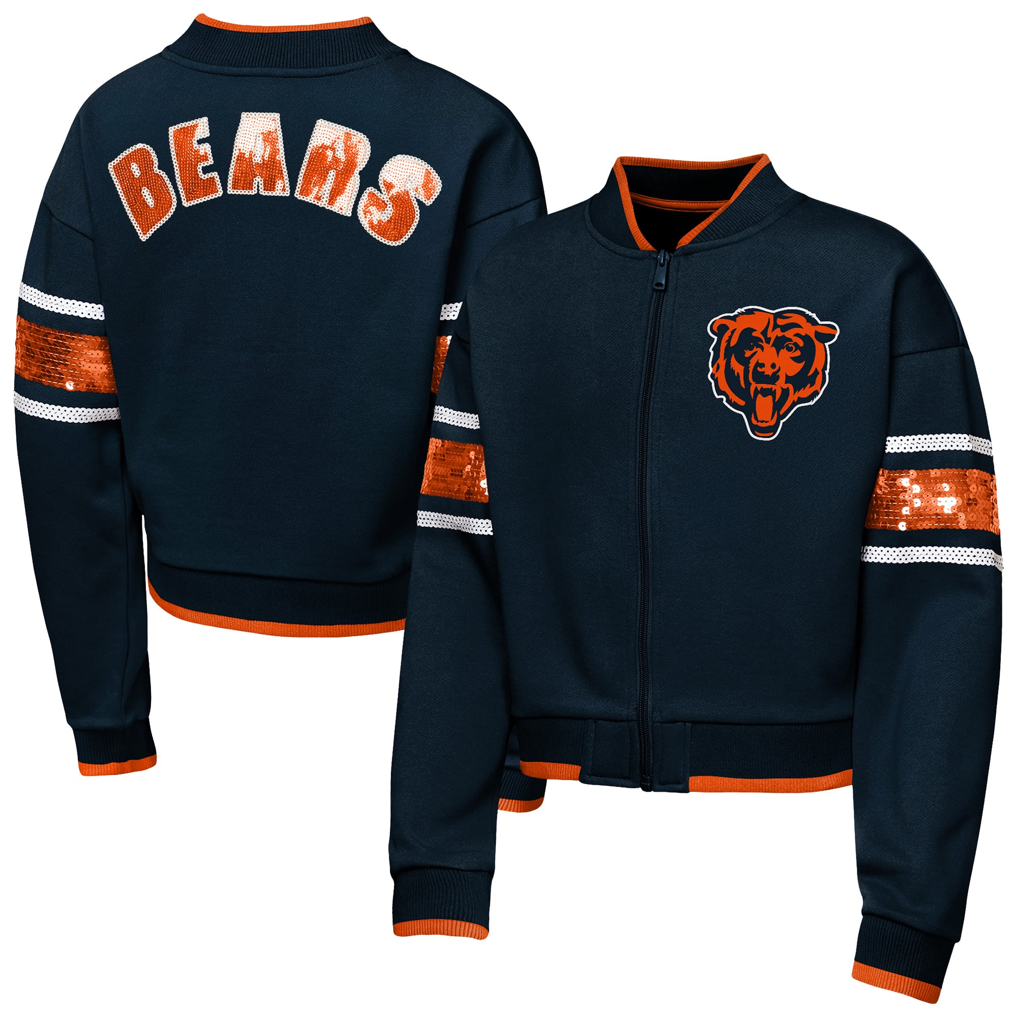 Girls Youth Outerstuff  Navy Chicago Bears MVP Full-Zip Sequin Bomber Jacket