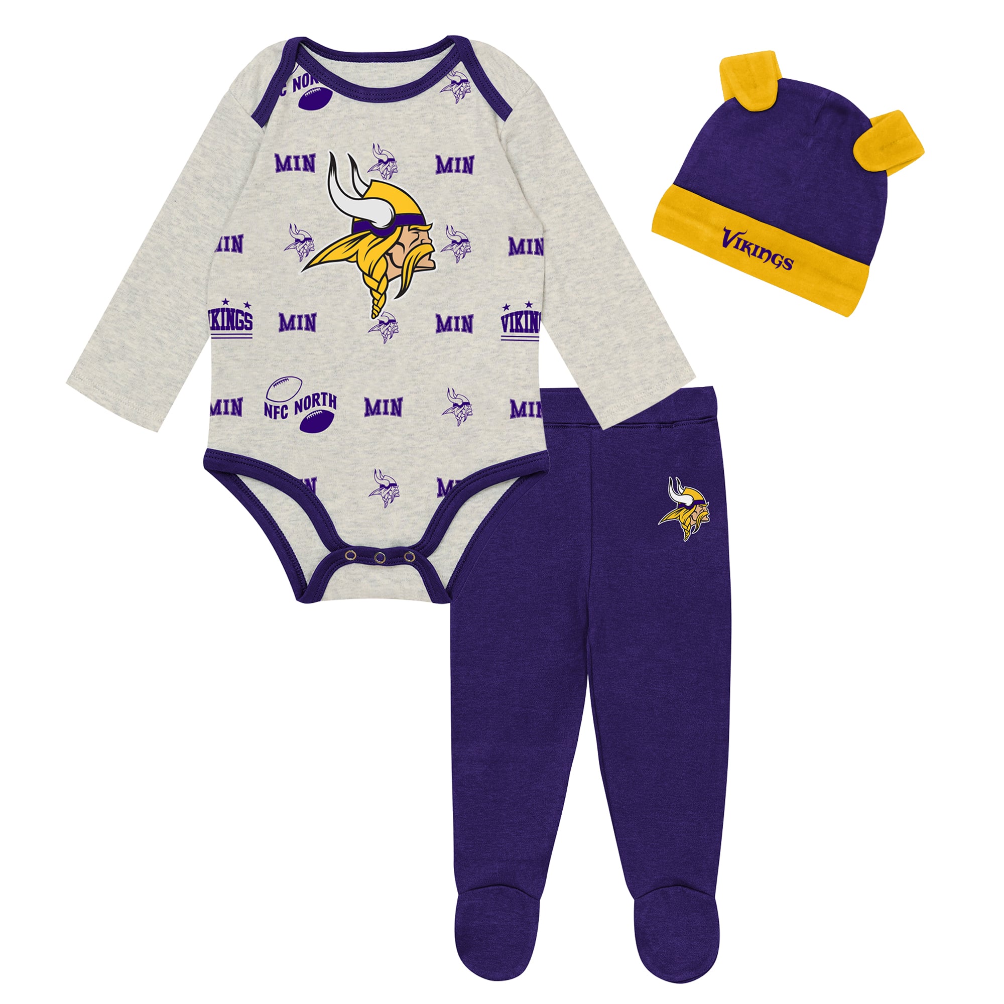 Newborn Outerstuff Heather Gray Minnesota Vikings Huddles & Giggles 3-Piece Pant and Hat Set