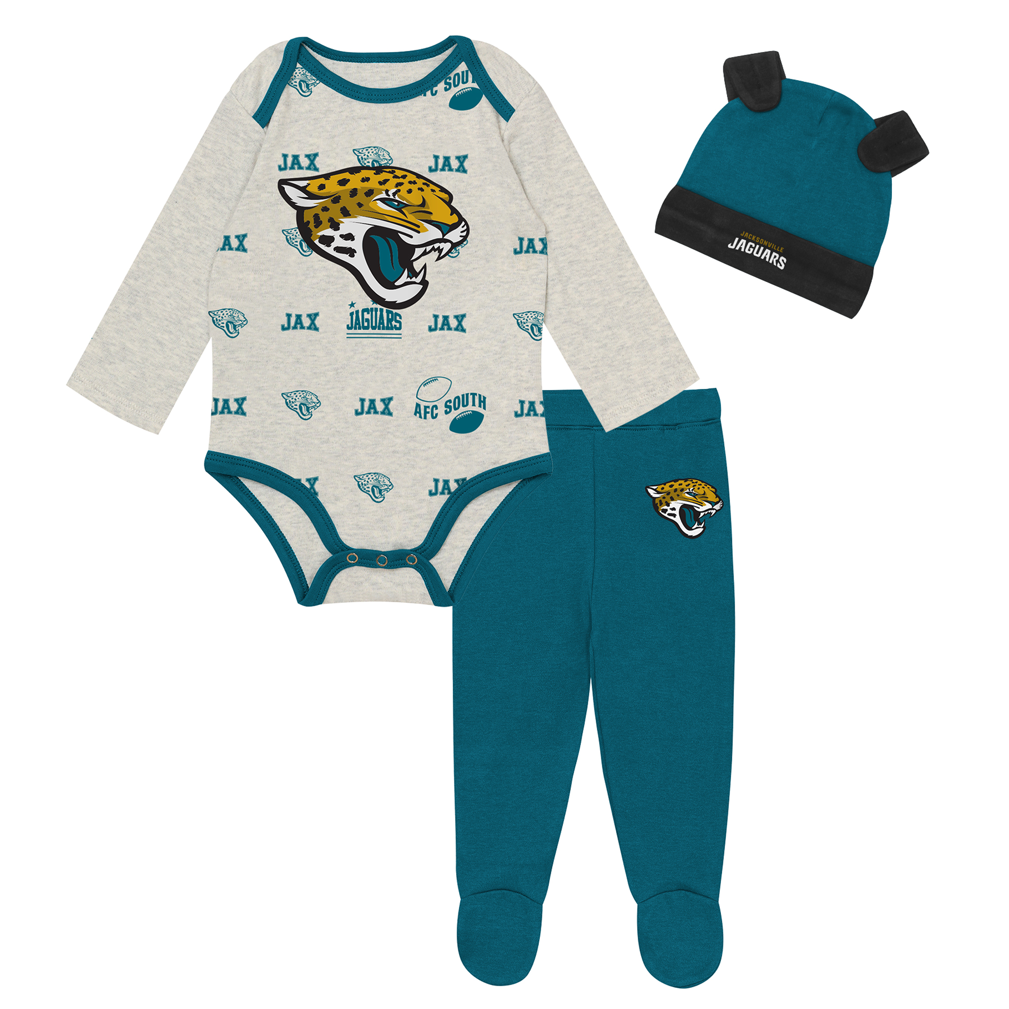 Newborn Outerstuff Heather Gray Jacksonville Jaguars Huddles & Giggles 3-Piece Pant and Hat Set