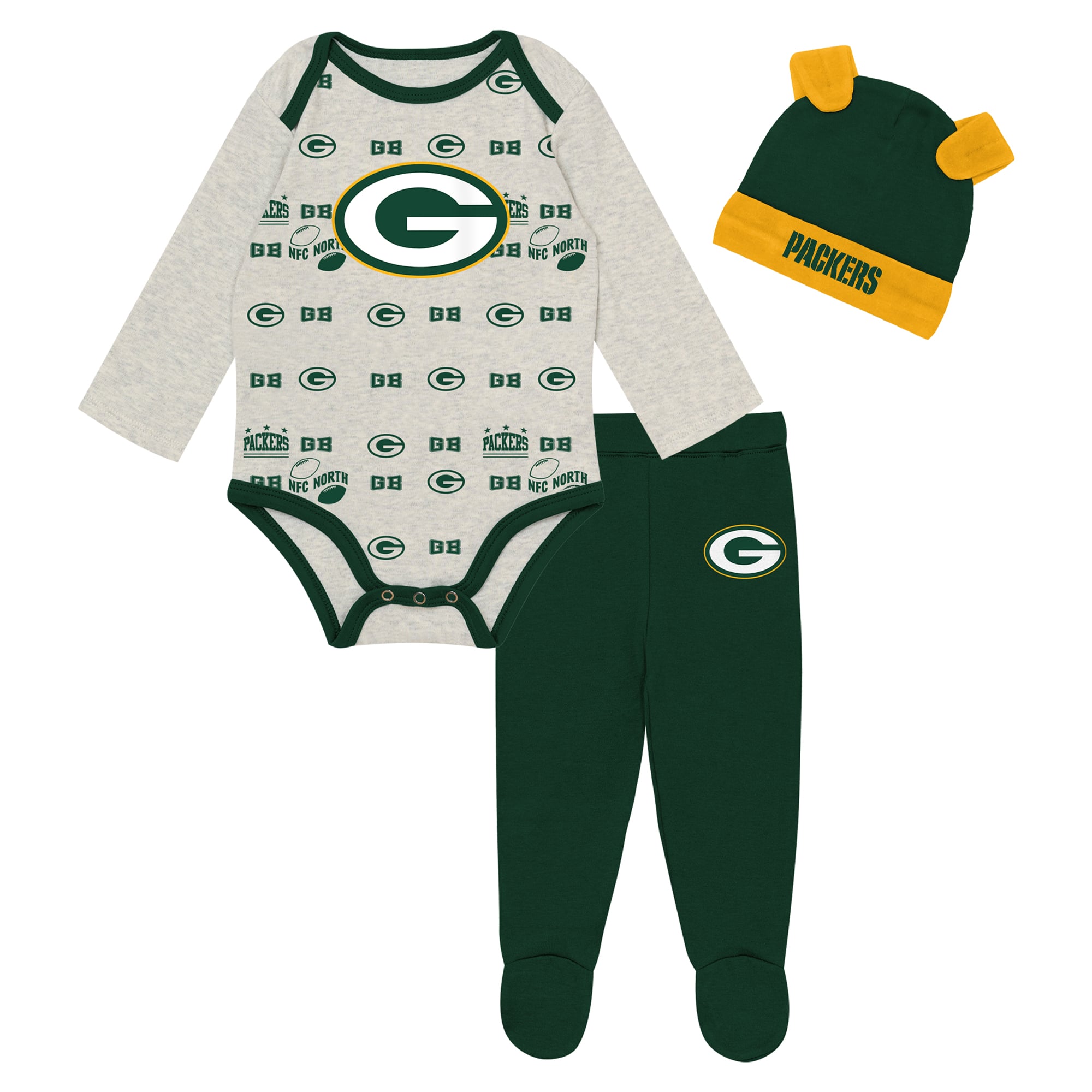 Newborn Outerstuff Heather Gray Green Bay Packers Huddles & Giggles 3-Piece Pant and Hat Set