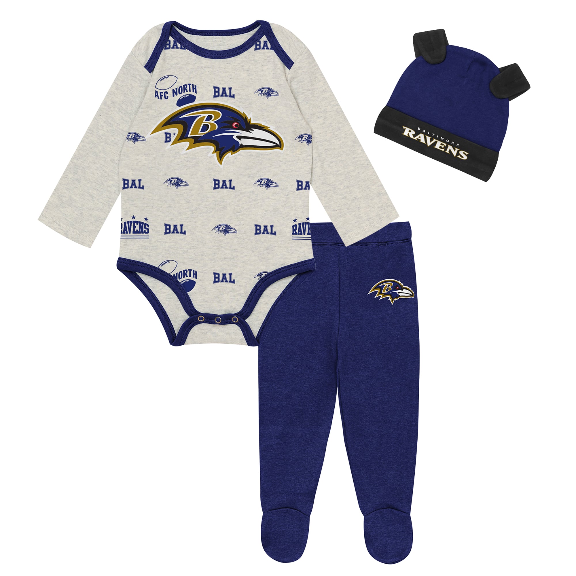 Newborn Outerstuff Heather Gray Baltimore Ravens Huddles & Giggles 3-Piece Pant and Hat Set