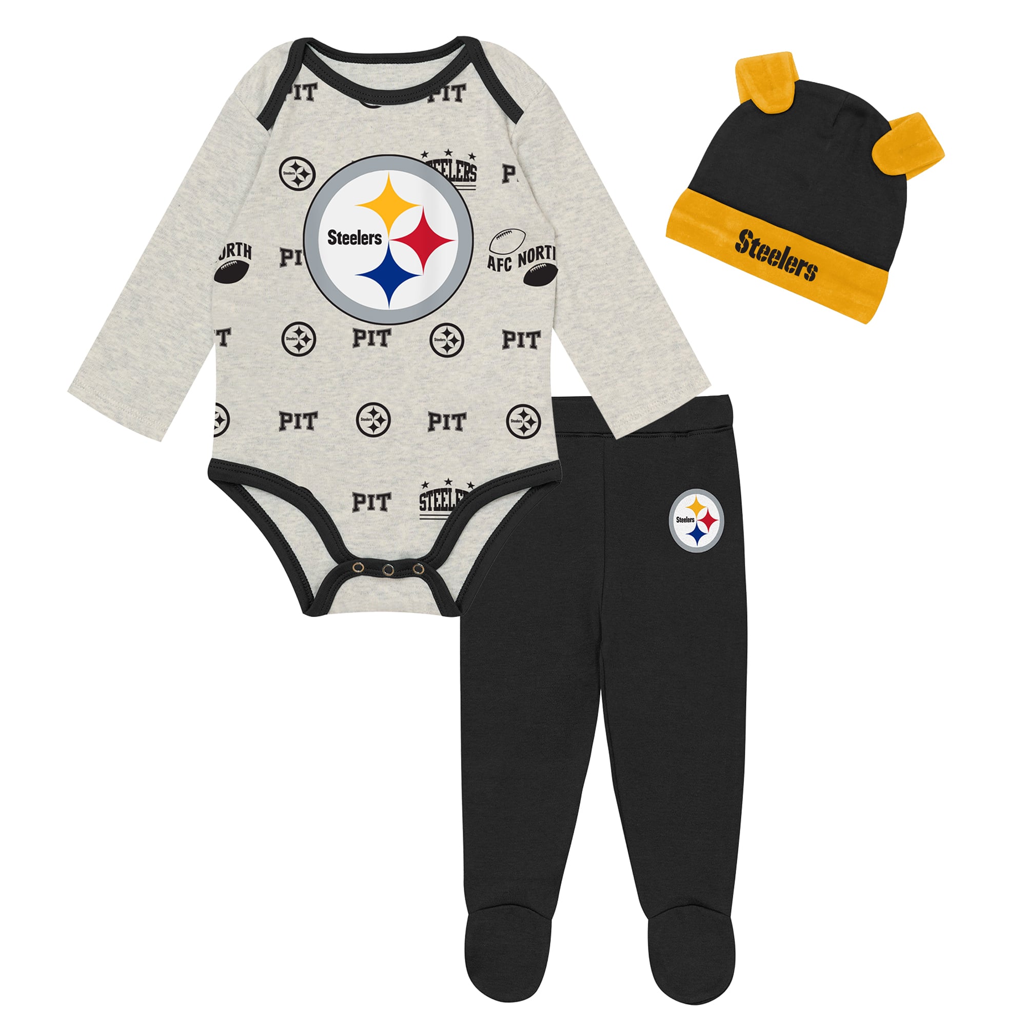 Newborn Outerstuff Heather Gray Pittsburgh Steelers Huddles & Giggles 3-Piece Pant and Hat Set
