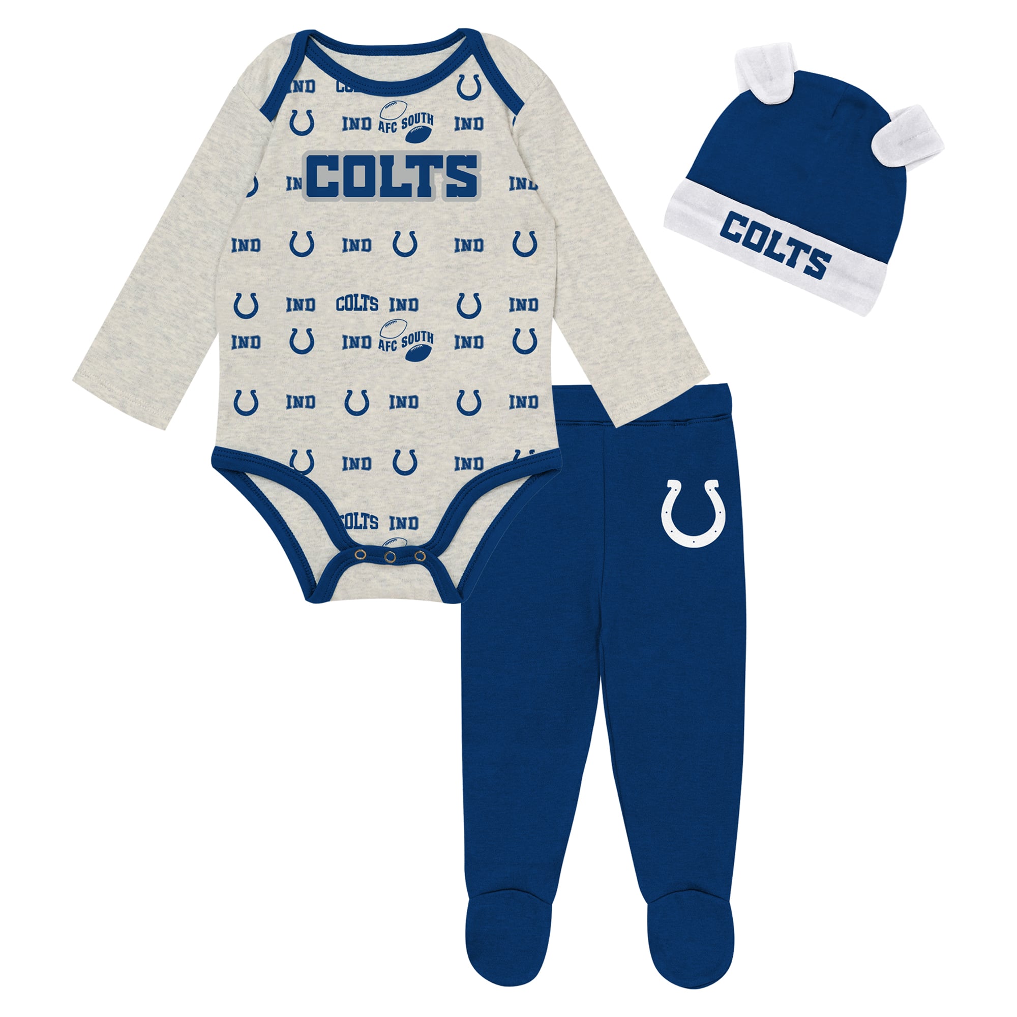 Newborn Outerstuff Heather Gray Indianapolis Colts Huddles & Giggles 3-Piece Pant and Hat Set