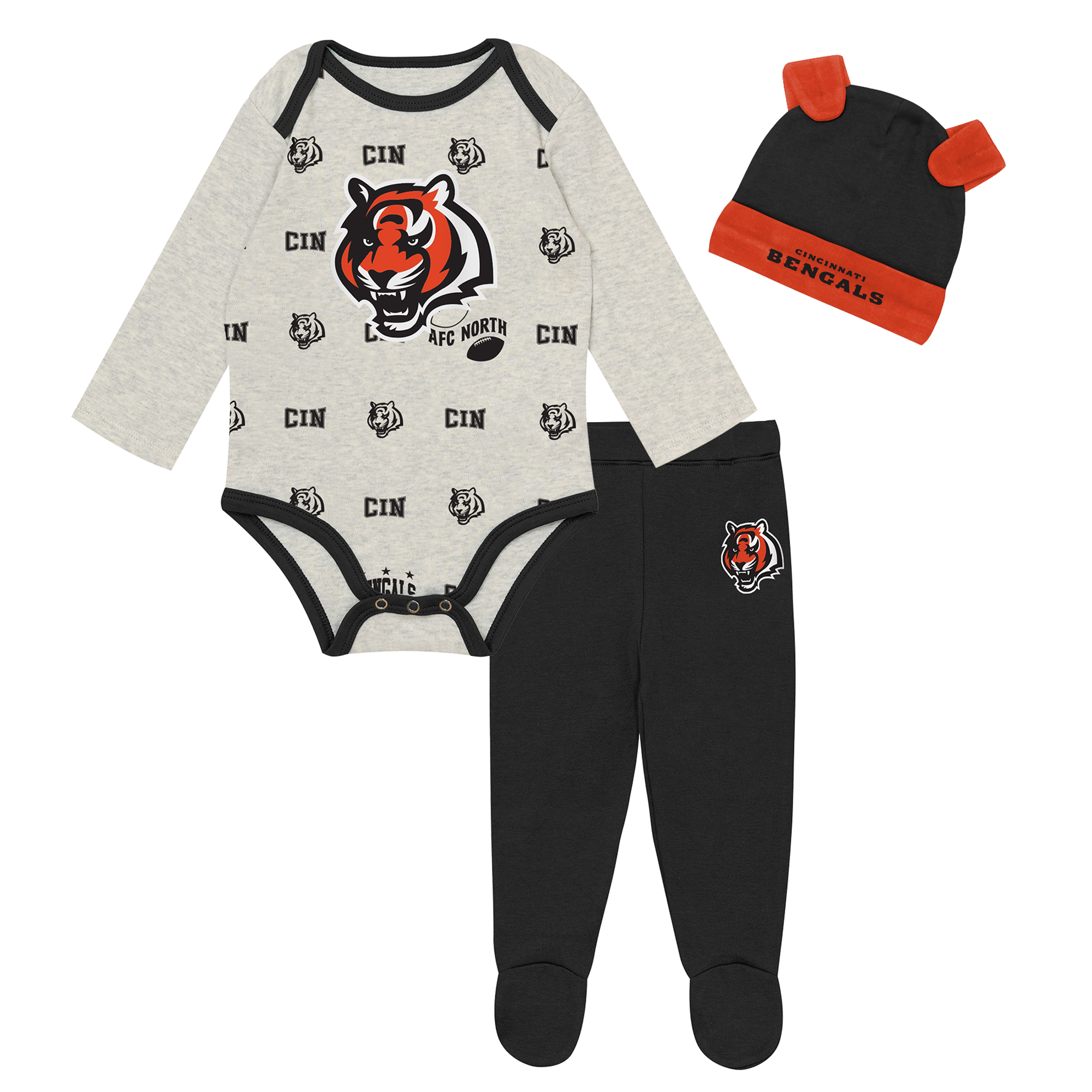 Outerstuff Boys' and Girls' Huddles Giggles Cincinnati Bengals Long-Sleeve Footed Bodysuit, Pants and Hat, 3-Piece Set - Heather Gray, Black
