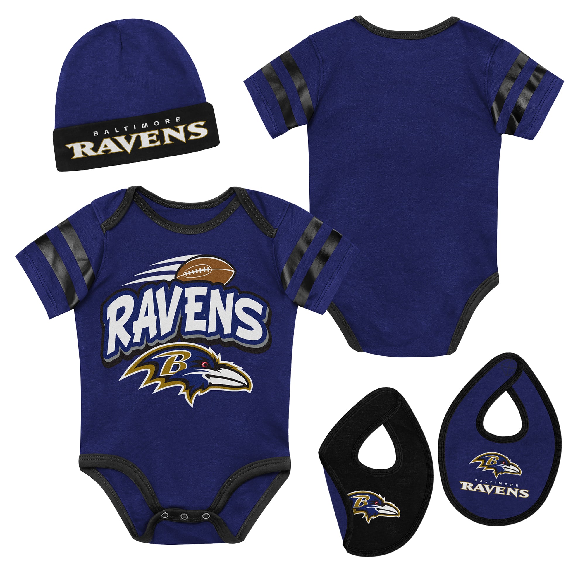 Newborn Outerstuff Purple Baltimore Ravens Pint Prodigy Bodysuit, Bib & Cuffed Knit Hat Set