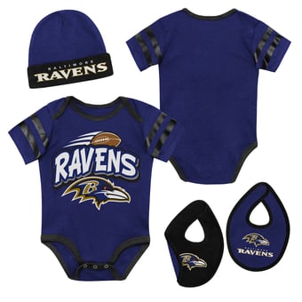 Newborn Outerstuff Purple Baltimore Ravens Pint Prodigy Bodysuit, Bib & Cuffed Knit Hat Set