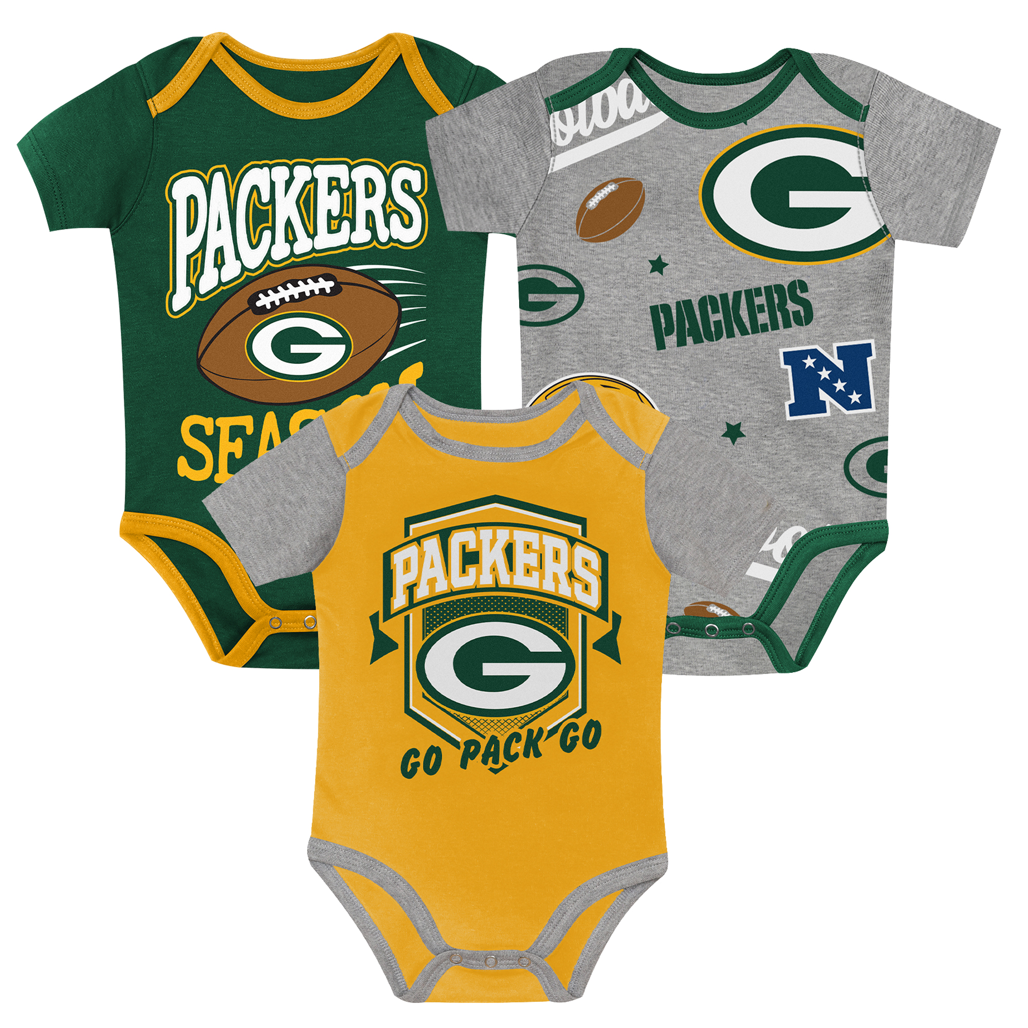 Outerstuff Boys' and Girls' (0-24 Months) Green Bay Packers First Round Pick Cotton Bodysuit, 3-Piece Set - Green